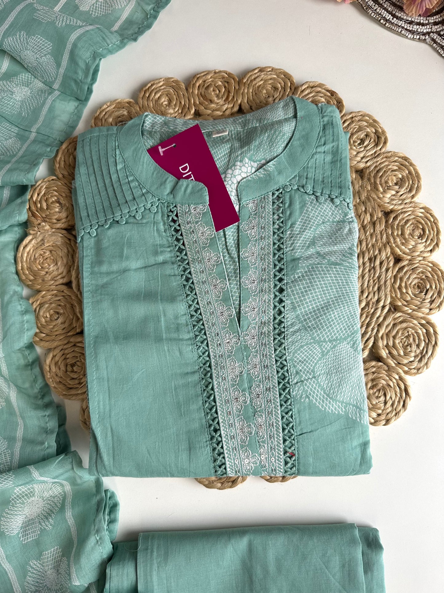 K447 - Mul Cotton embroidered straight Kurti with pants and dupatta