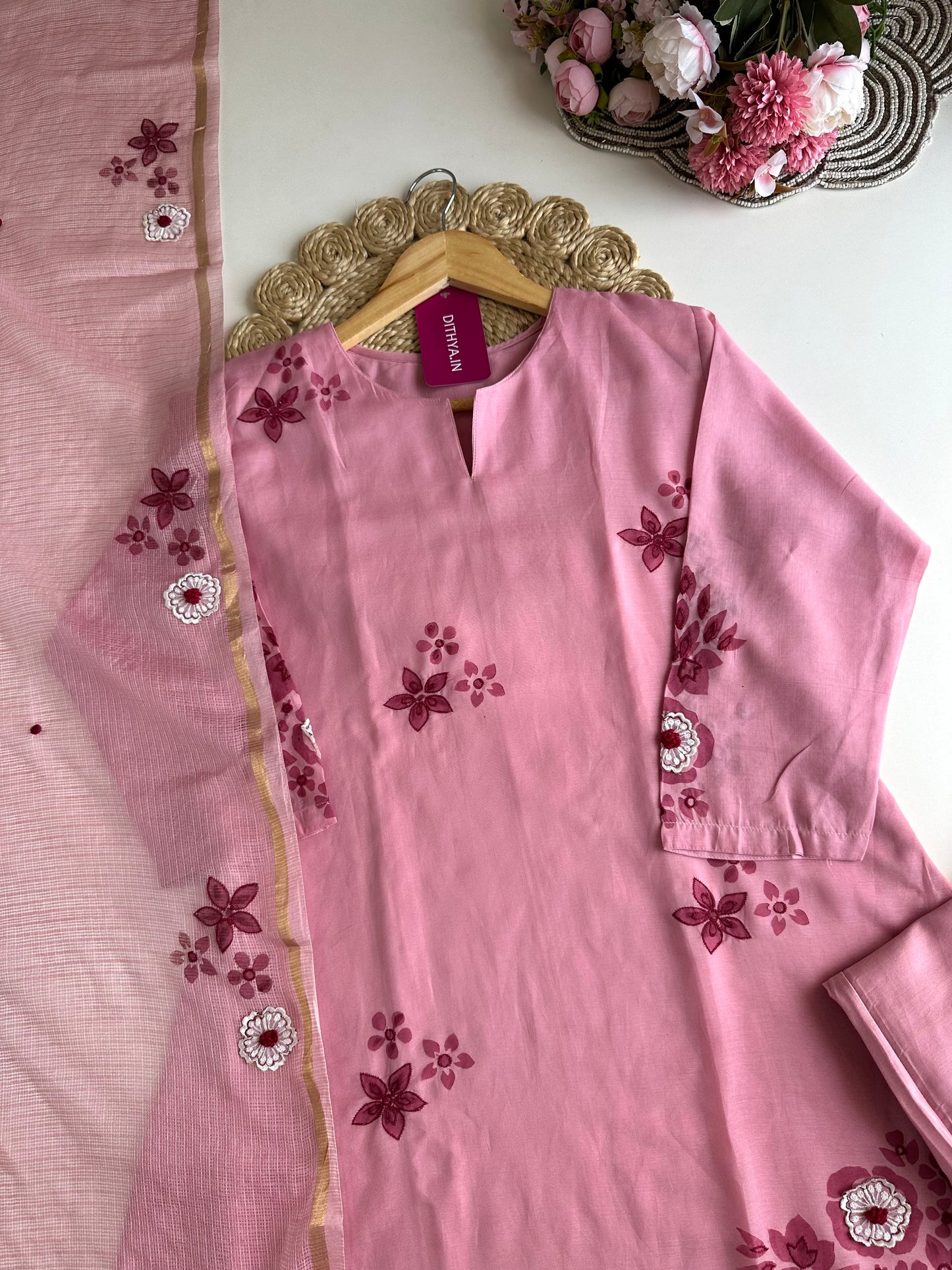 K163 - Mul Chanderi appliqué work Aline Kurti with pants and dupatta