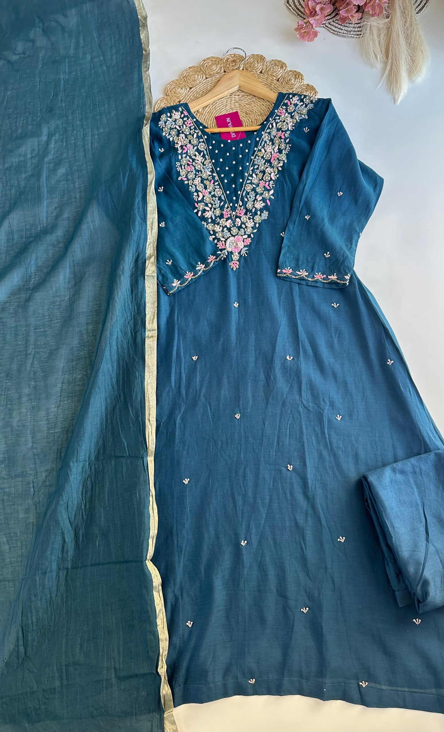 K021 - Mul Chanderi handwork Aline Kurti with pants and dupatta