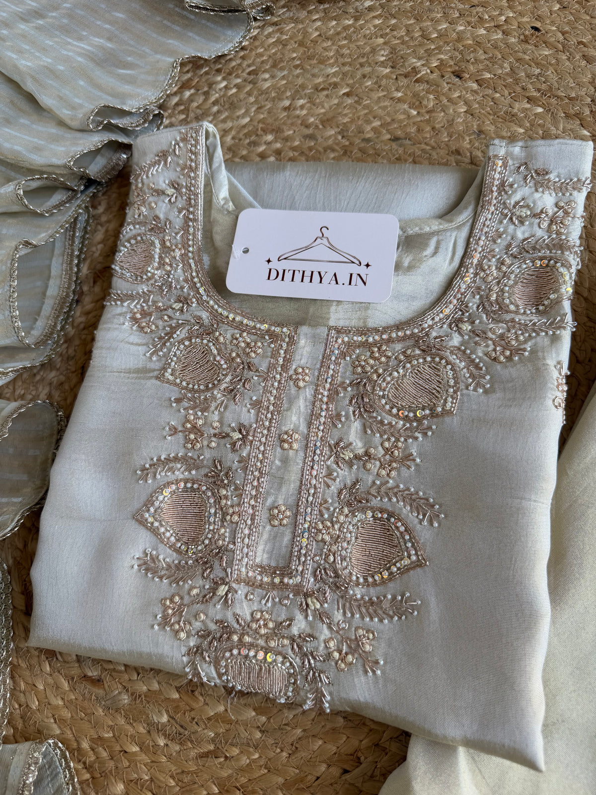 K157 - Tissue silk handwork short Kurti with divider pants and dupatta