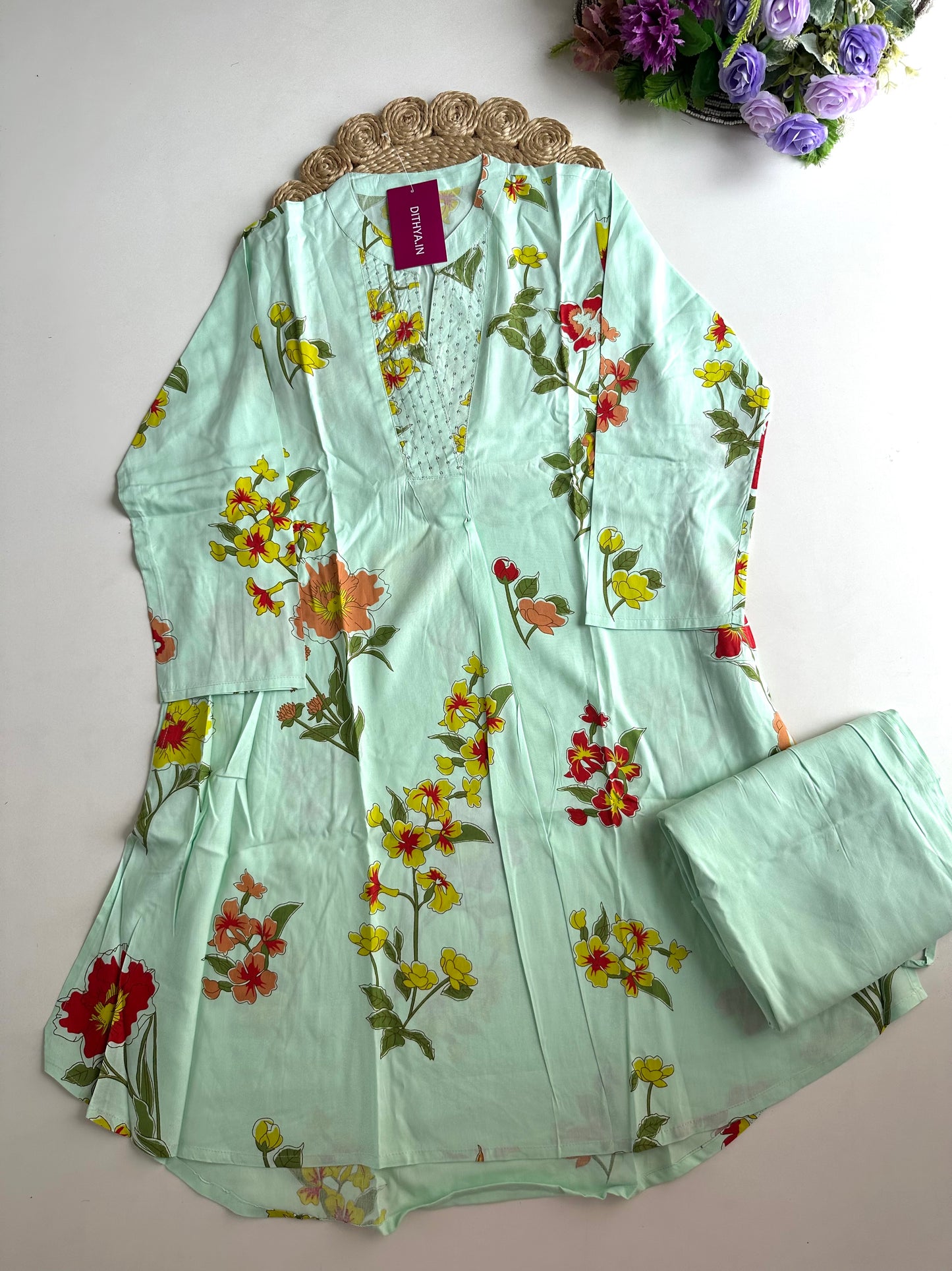 K414 - Cotton floral Aline Kurti with pants