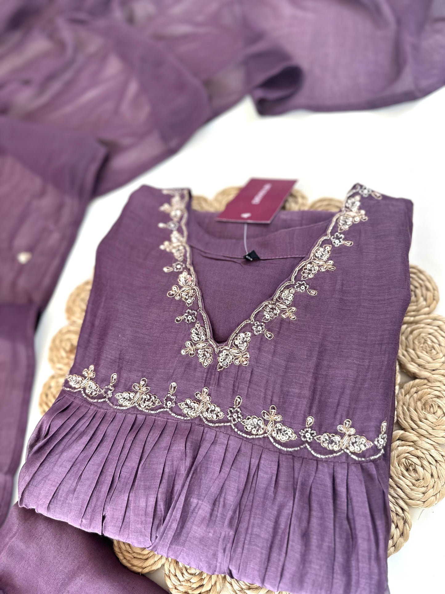 K138 - Mul Chanderi handwork Aline Kurti with pants and dupatta