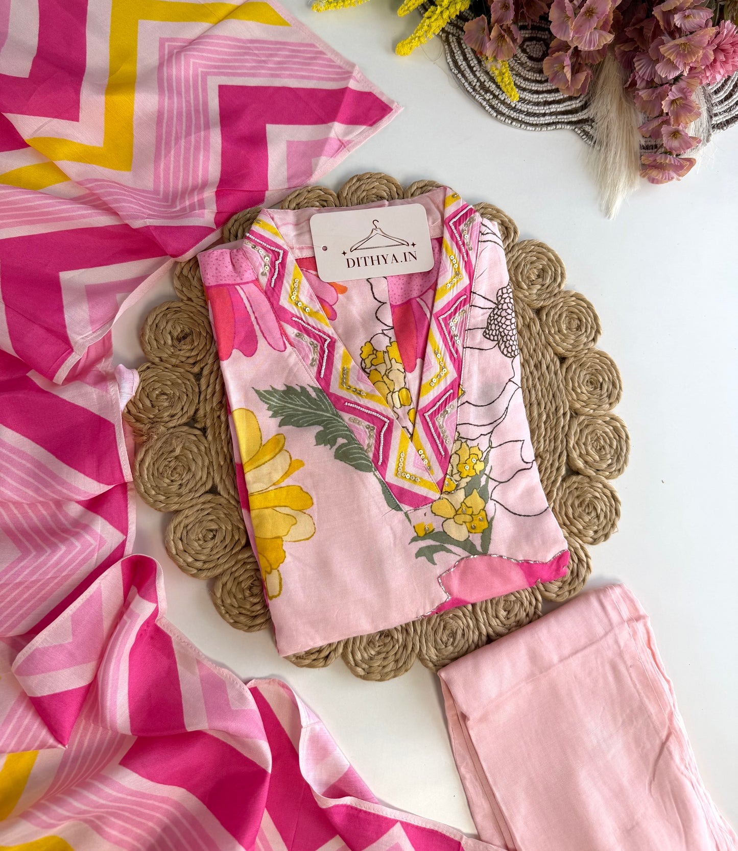 K505 - Muslin handwork floral straight Kurti with pants and dupatta in 2 colours