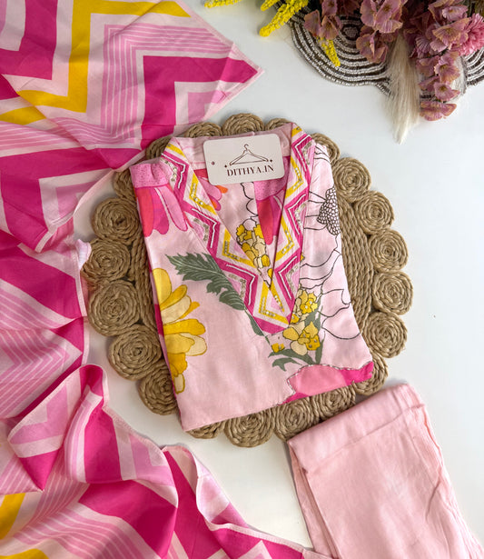 K505 - Muslin handwork floral straight Kurti with pants and dupatta in 2 colours
