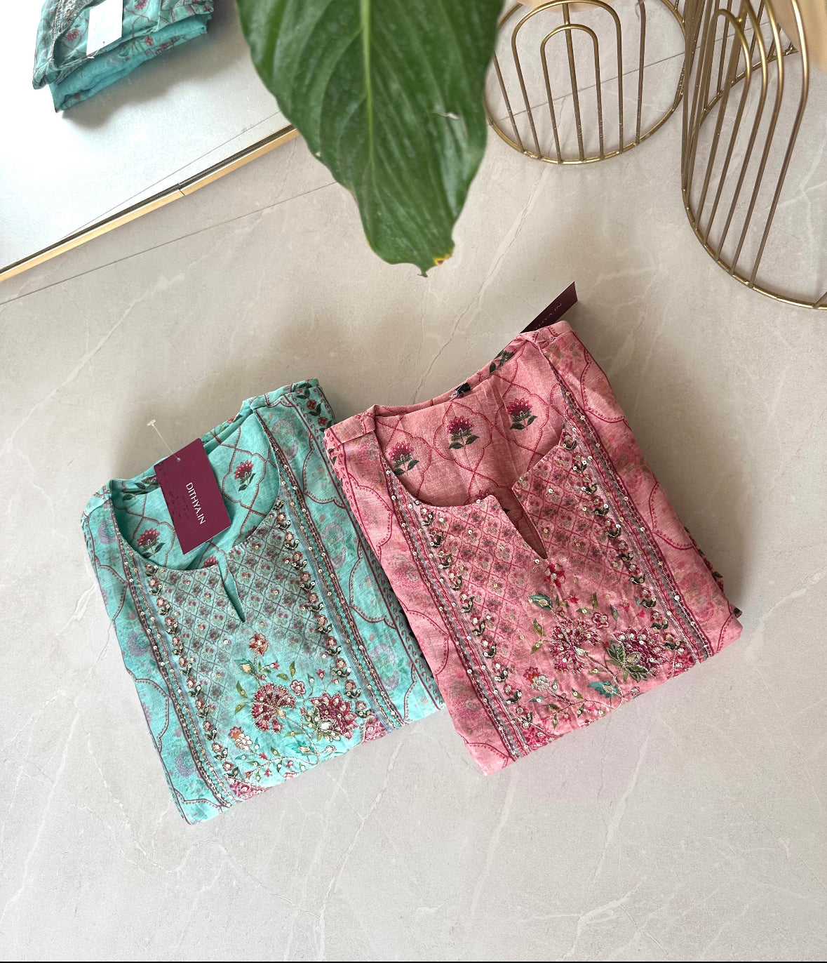K027 - Soft chanderi handwork straight Kurti with  pants and dupatta in 2 colours