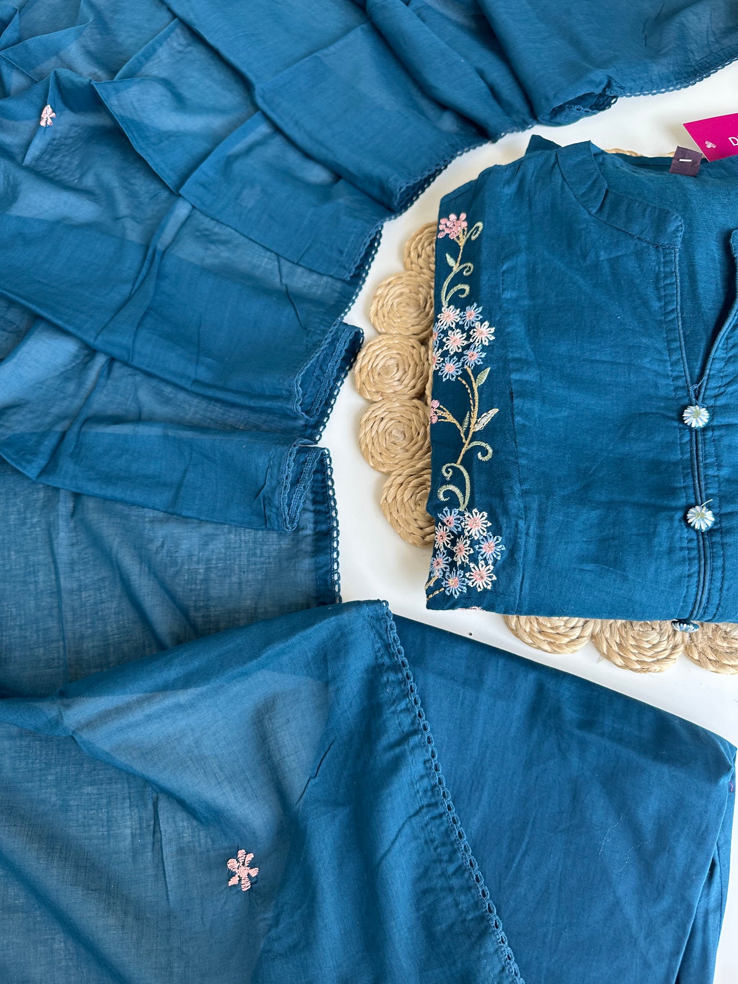 K303 - Mul cotton embroidered Anarkali with pants and dupatta in 2 colours