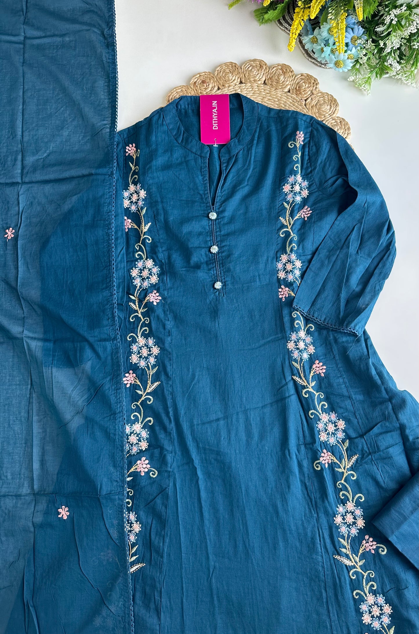 K303 - Mul cotton embroidered Anarkali with pants and dupatta in 2 colours