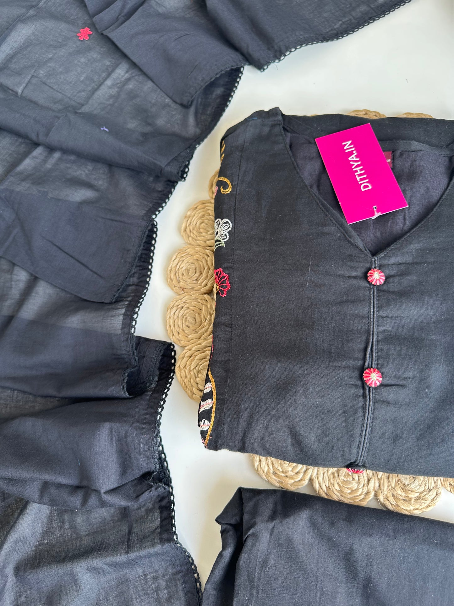 K303 - Mul cotton embroidered Anarkali with pants and dupatta in 2 colours