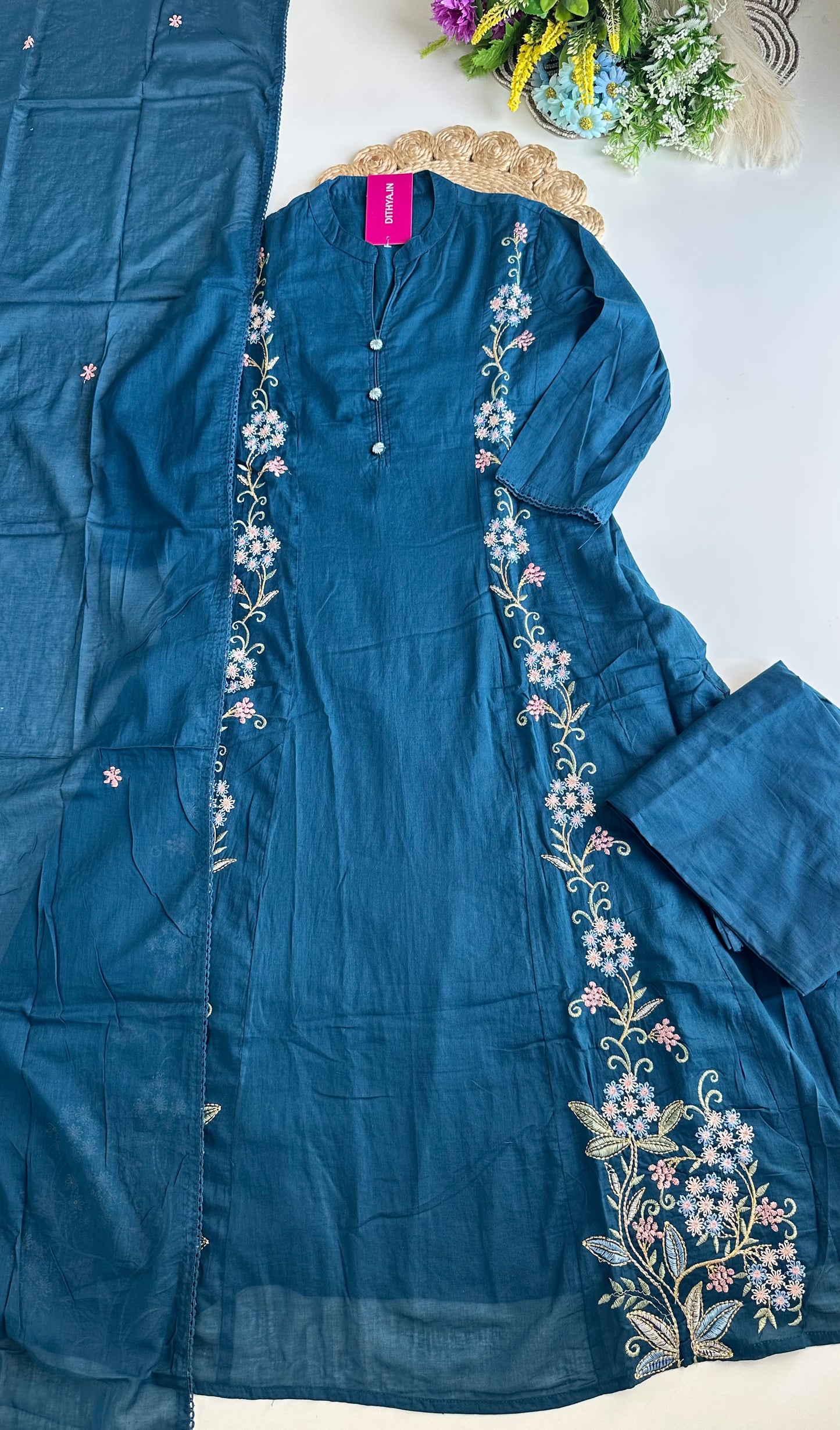 K303 - Mul cotton embroidered Anarkali with pants and dupatta in 2 colours