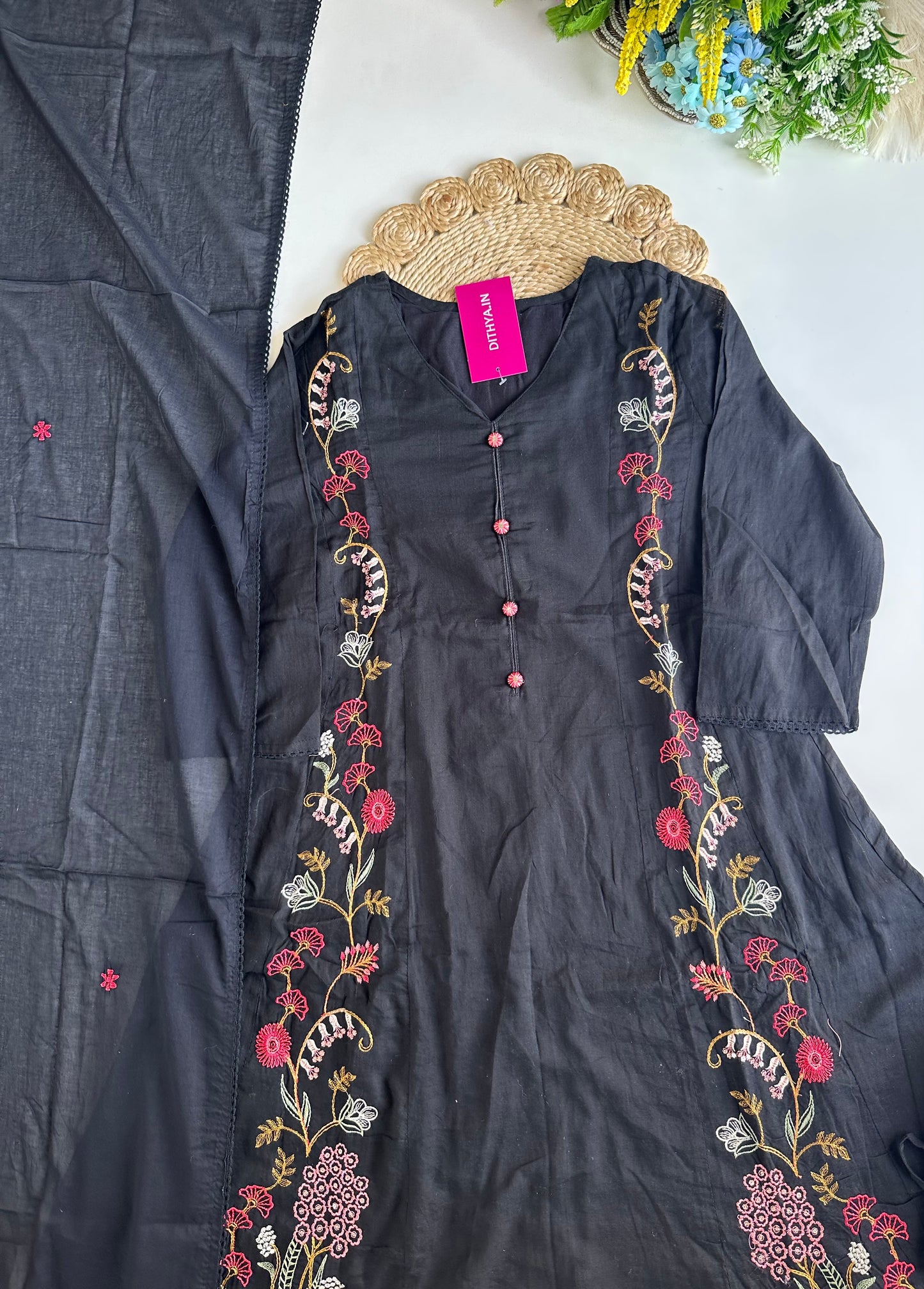 K303 - Mul cotton embroidered Anarkali with pants and dupatta in 2 colours