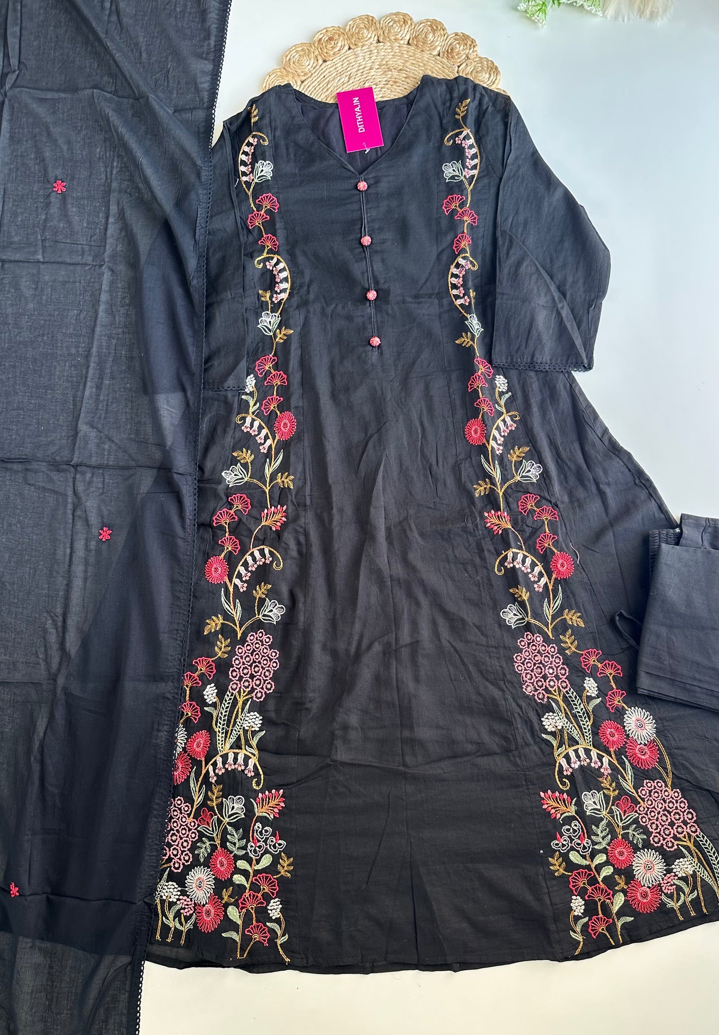 K303 - Mul cotton embroidered Anarkali with pants and dupatta in 2 colours