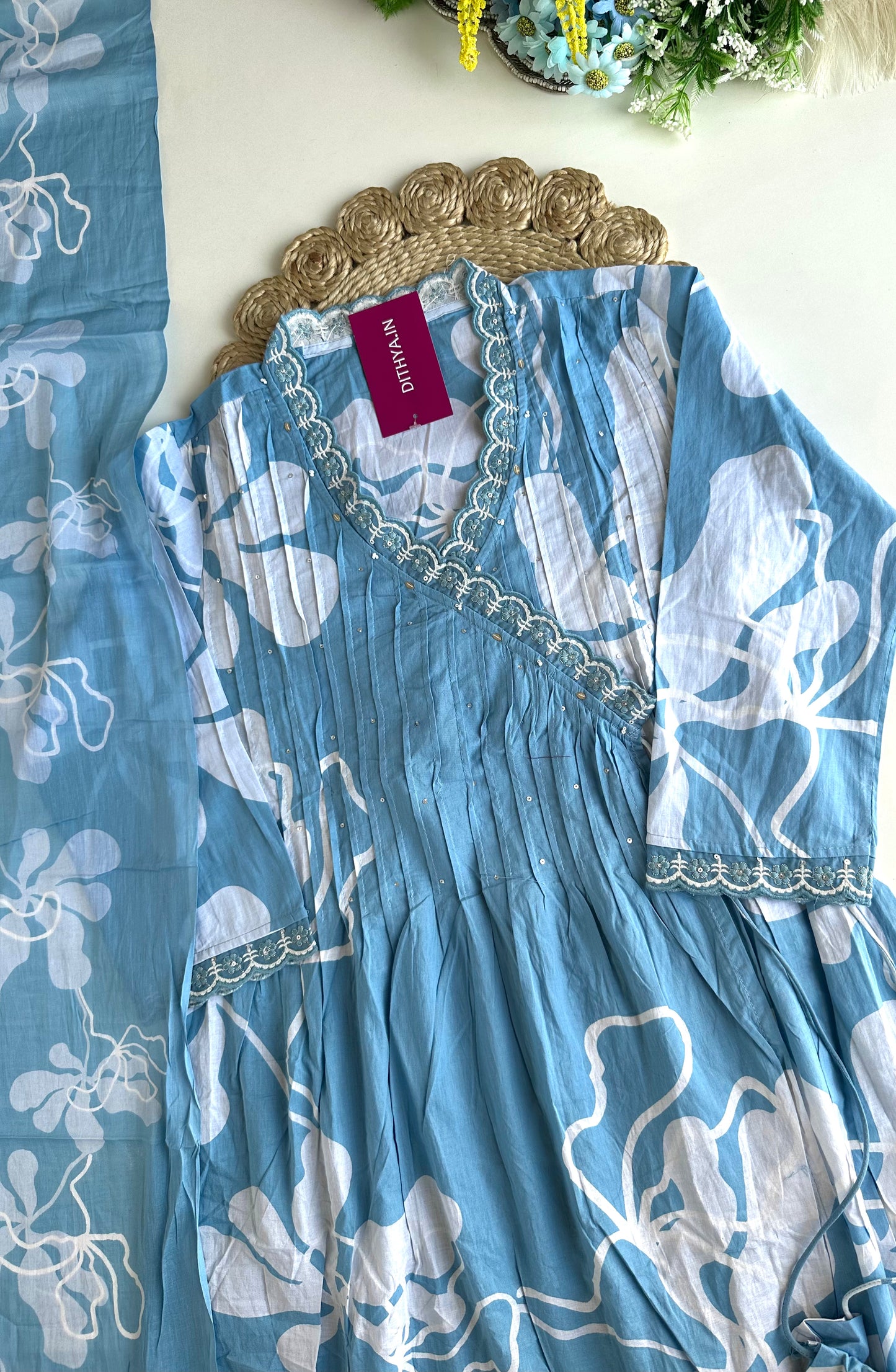 K395 - Mul cotton Anarkali with pants and dupatta