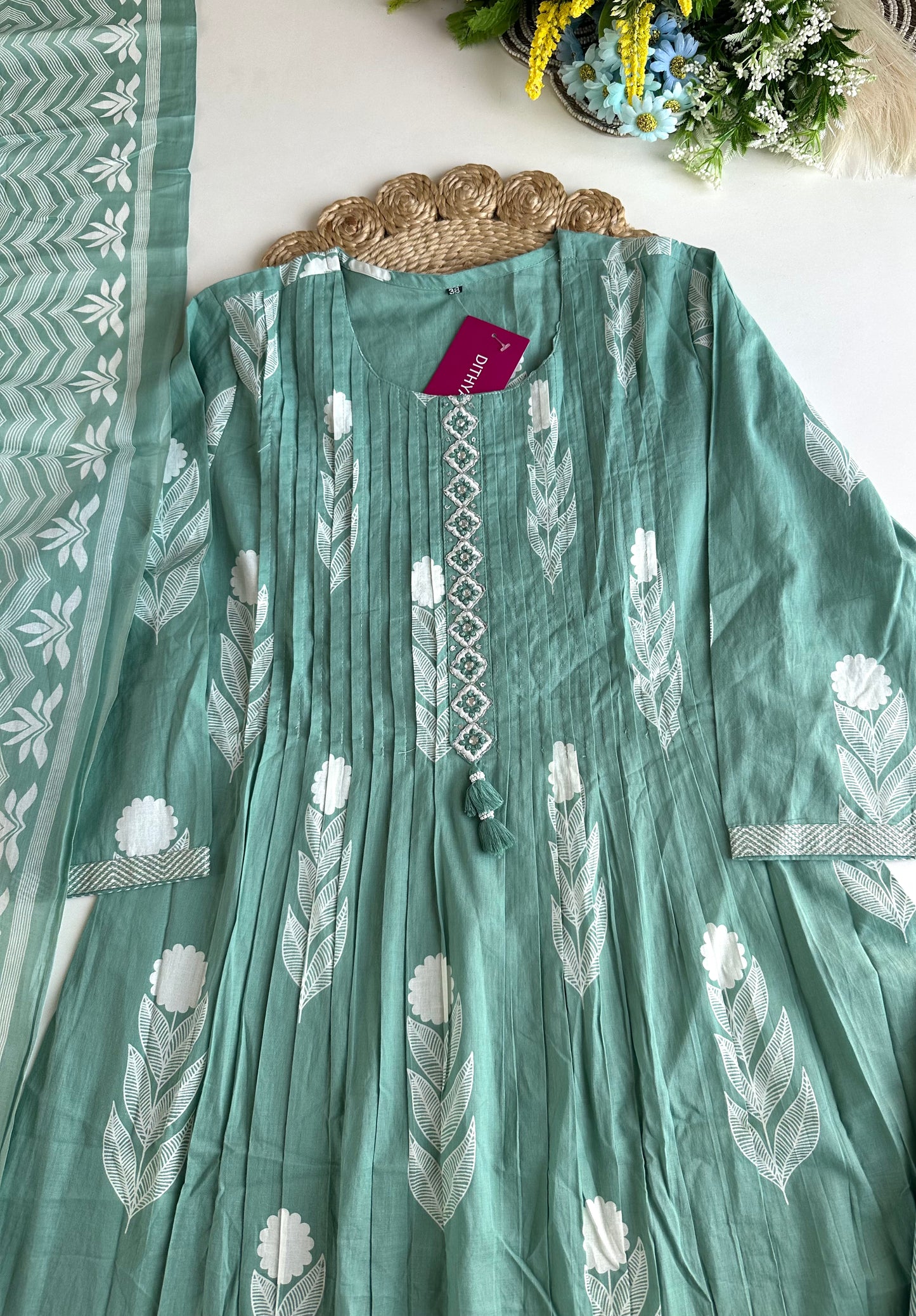 K273 - Mul cotton pleated Anarkali with pants and dupatta