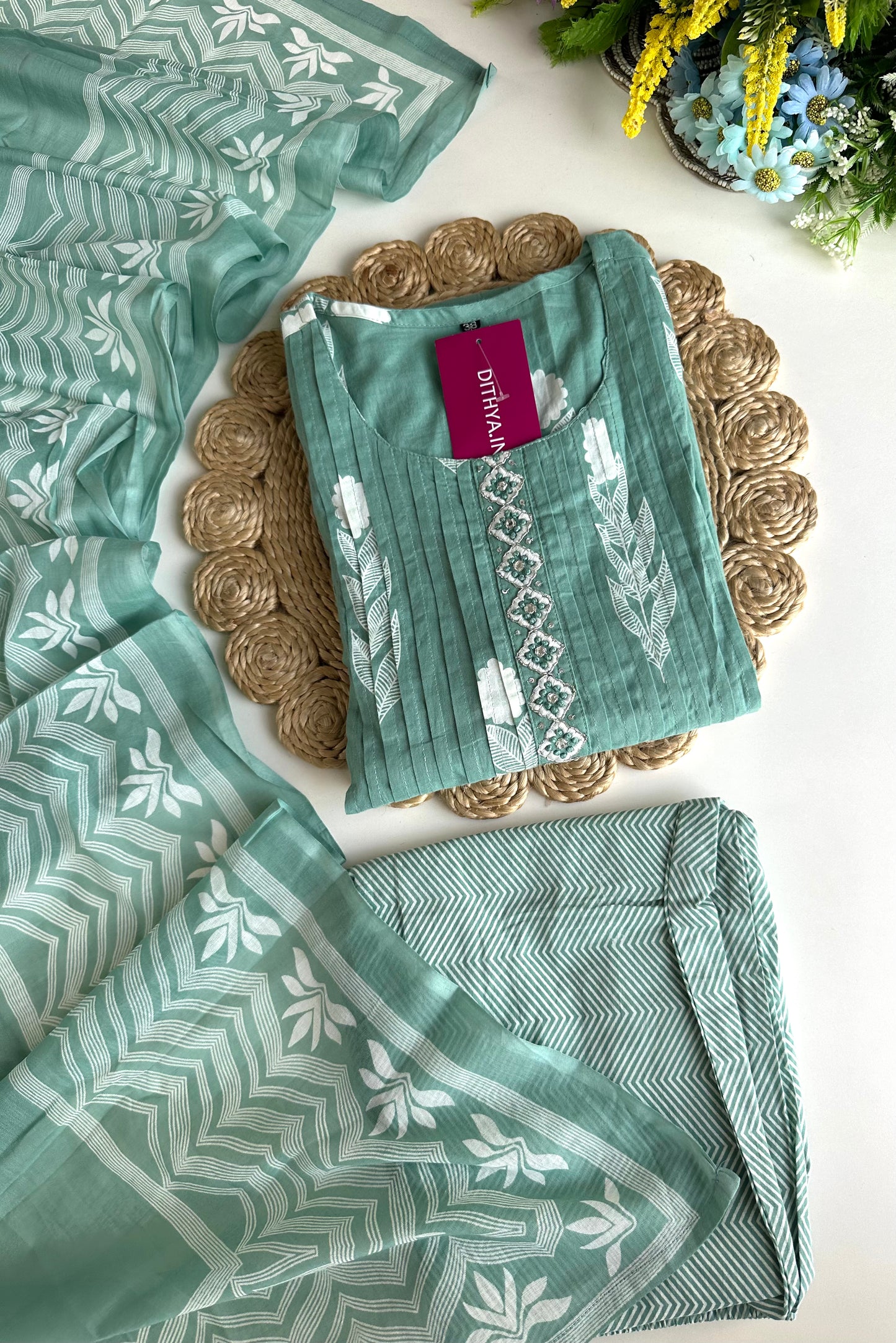 K273 - Mul cotton pleated Anarkali with pants and dupatta