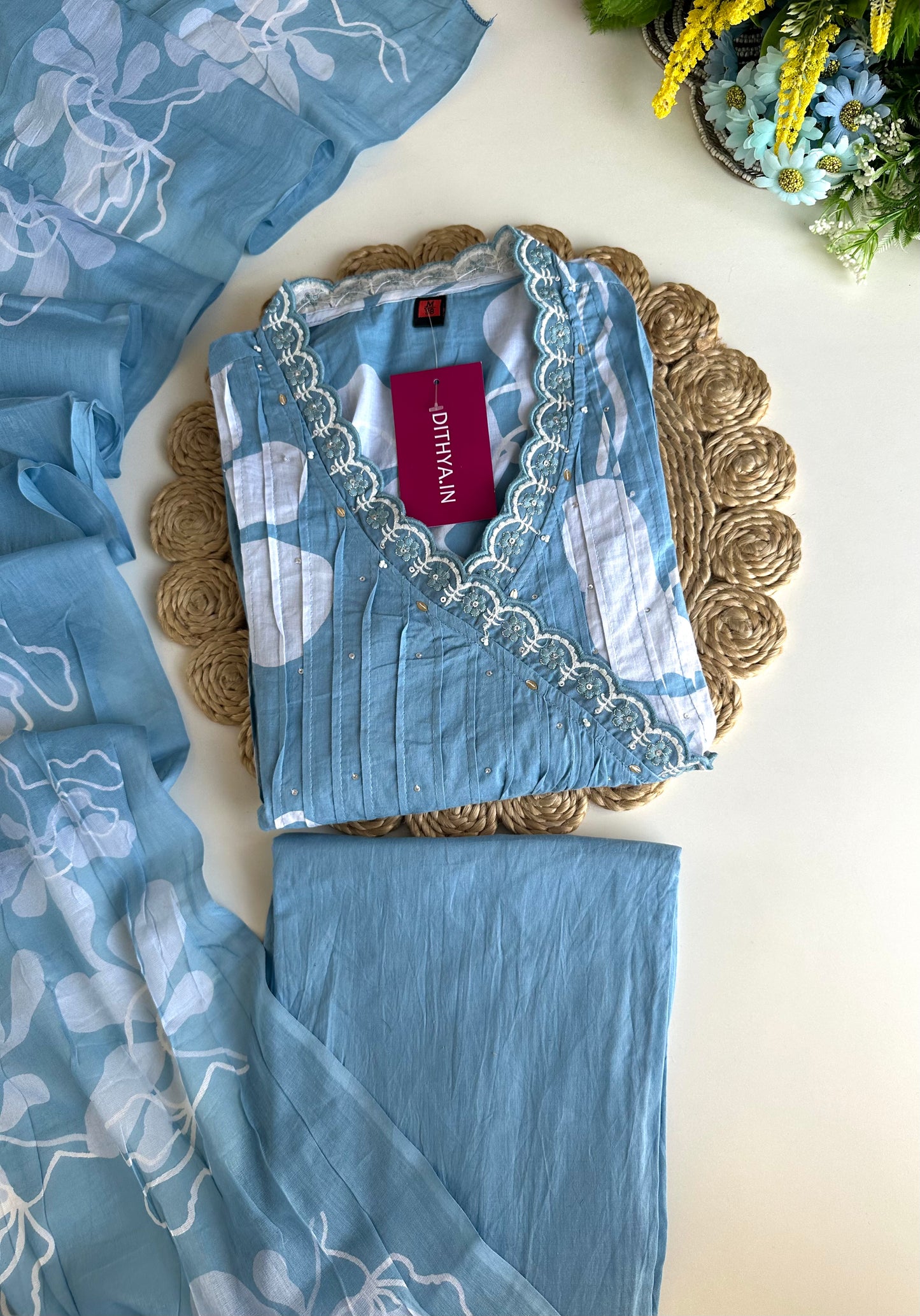 K395 - Mul cotton Anarkali with pants and dupatta