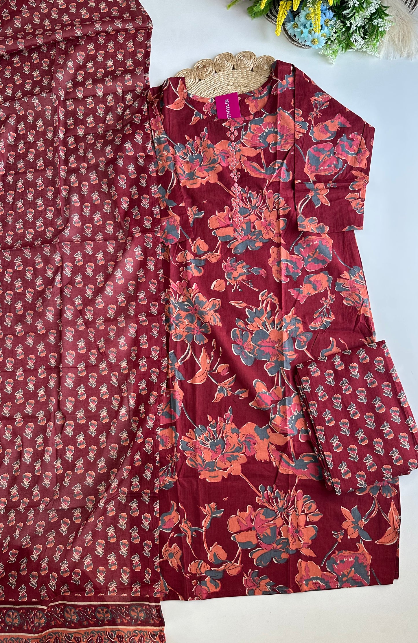 K071 - Cotton floral straight Kurti with pants and dupatta in 4 colours