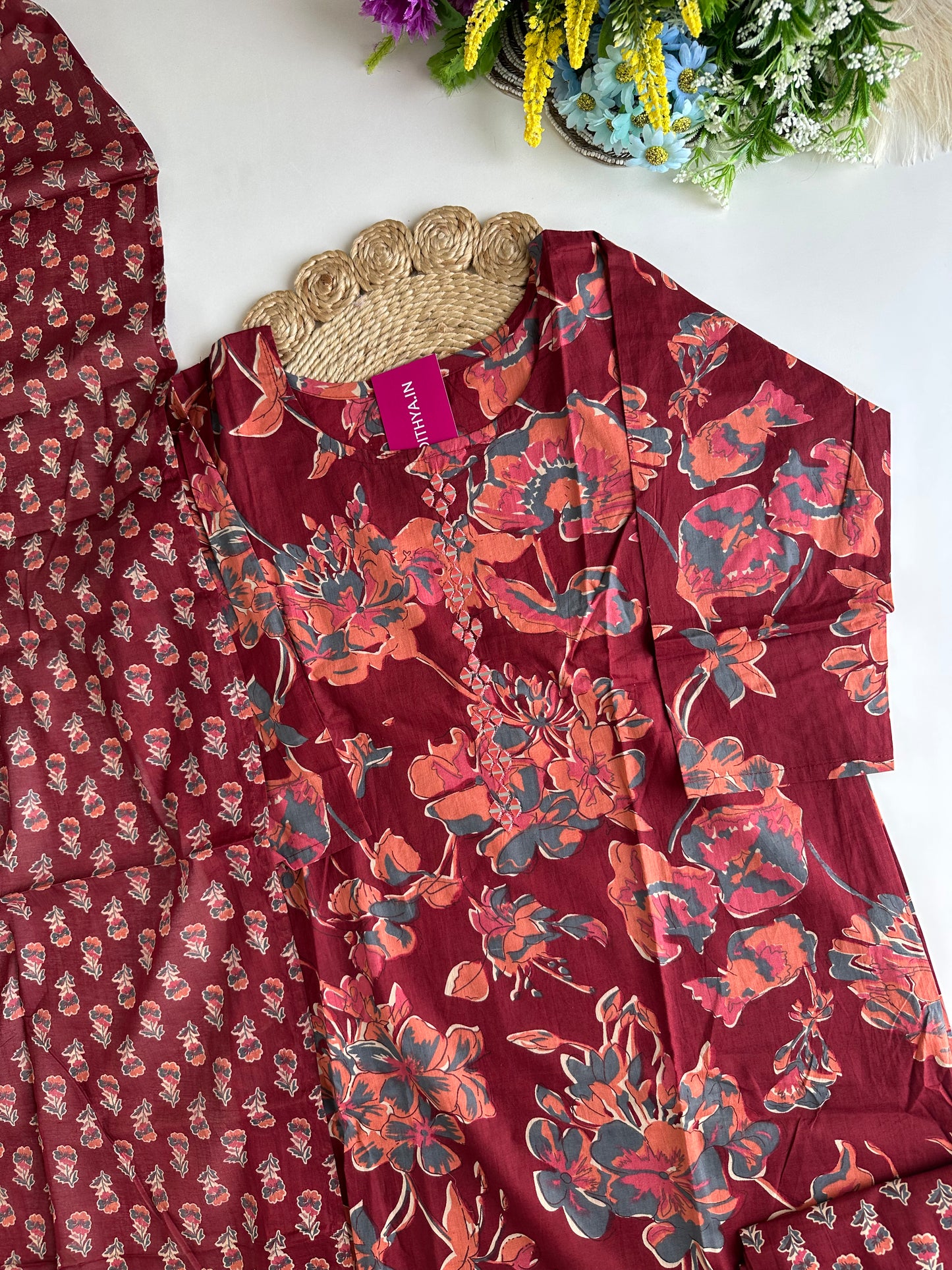 K071 - Cotton floral straight Kurti with pants and dupatta in 4 colours