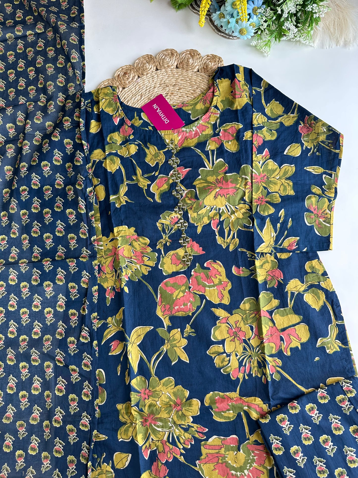 K071 - Cotton floral straight Kurti with pants and dupatta in 4 colours