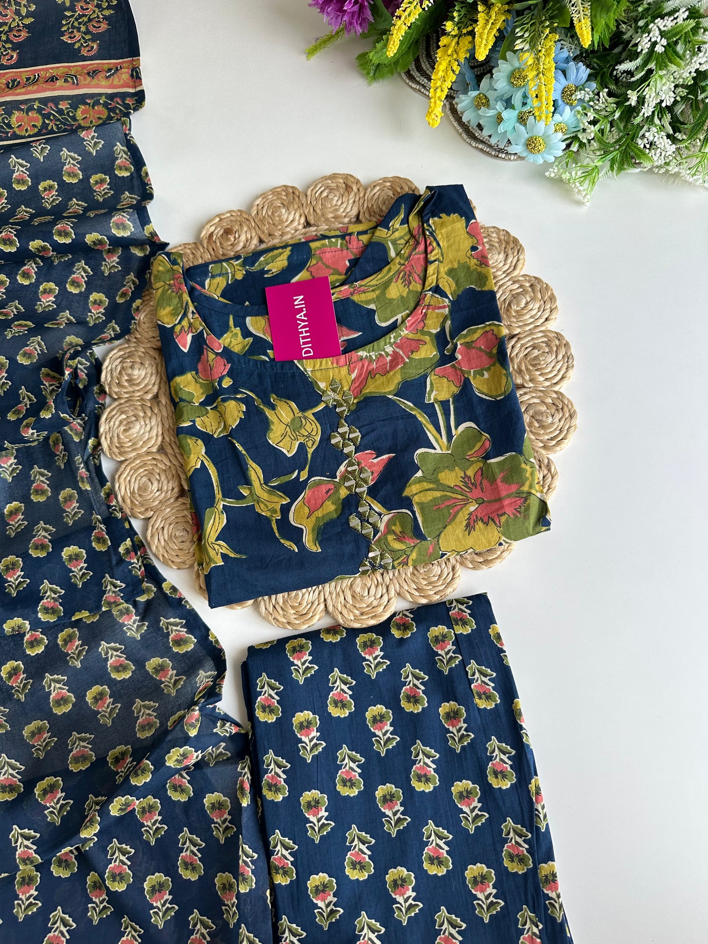 K071 - Cotton floral straight Kurti with pants and dupatta in 4 colours