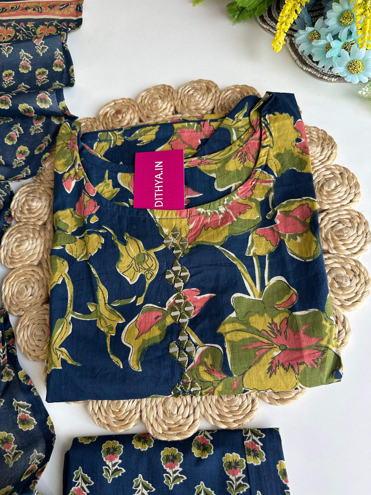 K071 - Cotton floral straight Kurti with pants and dupatta in 4 colours