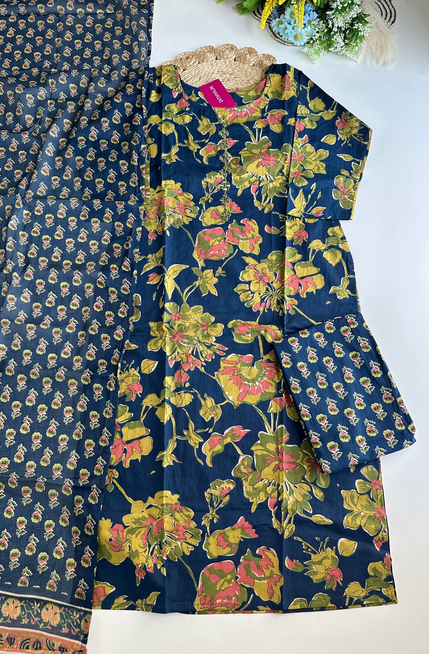 K071 - Cotton floral straight Kurti with pants and dupatta in 4 colours
