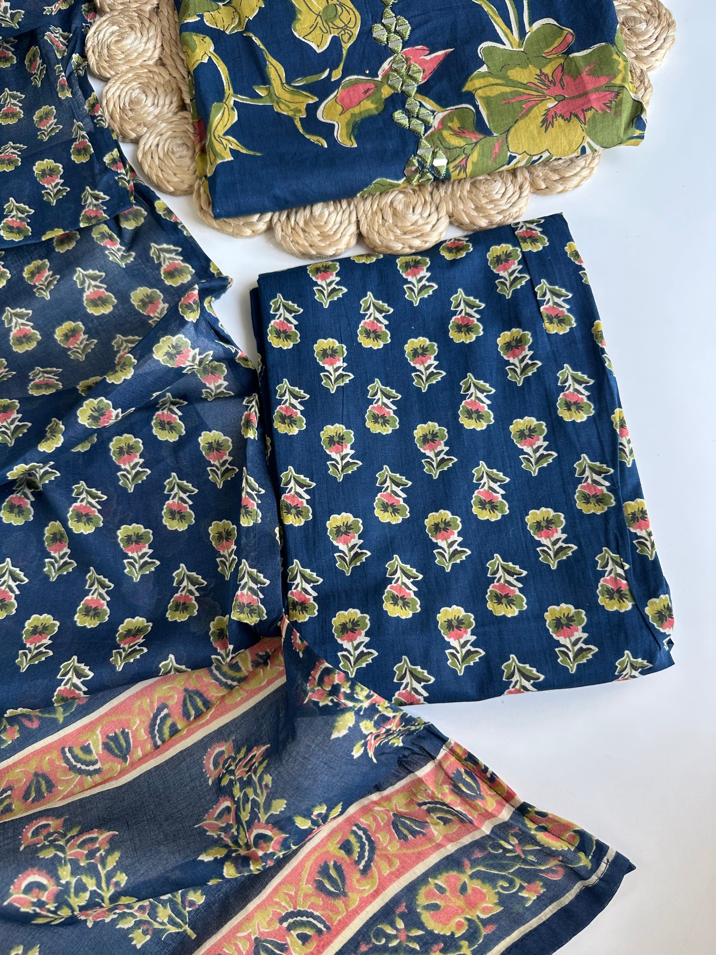 K071 - Cotton floral straight Kurti with pants and dupatta in 4 colours