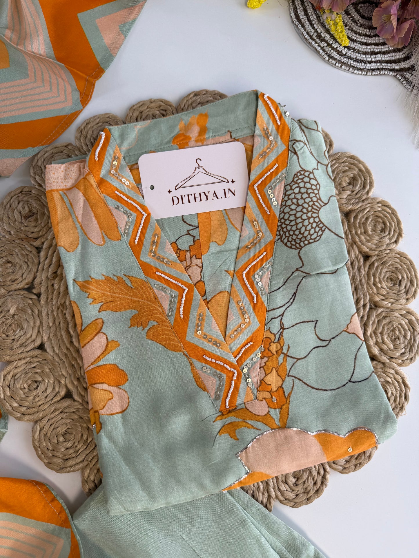 K505 - Muslin handwork floral straight Kurti with pants and dupatta in 2 colours