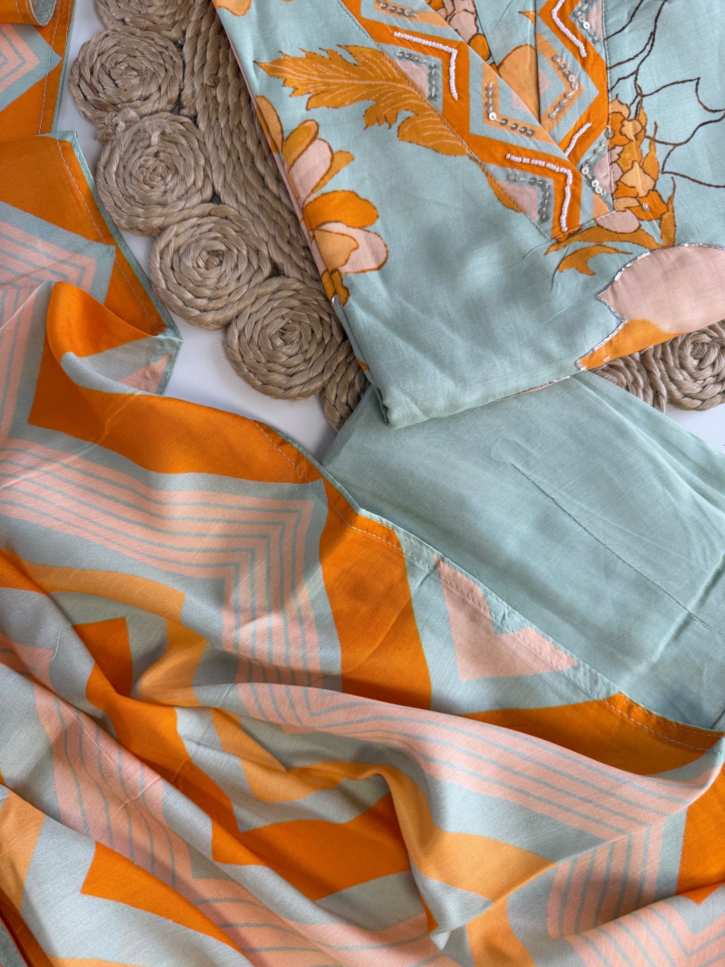 K505 - Muslin handwork floral straight Kurti with pants and dupatta in 2 colours