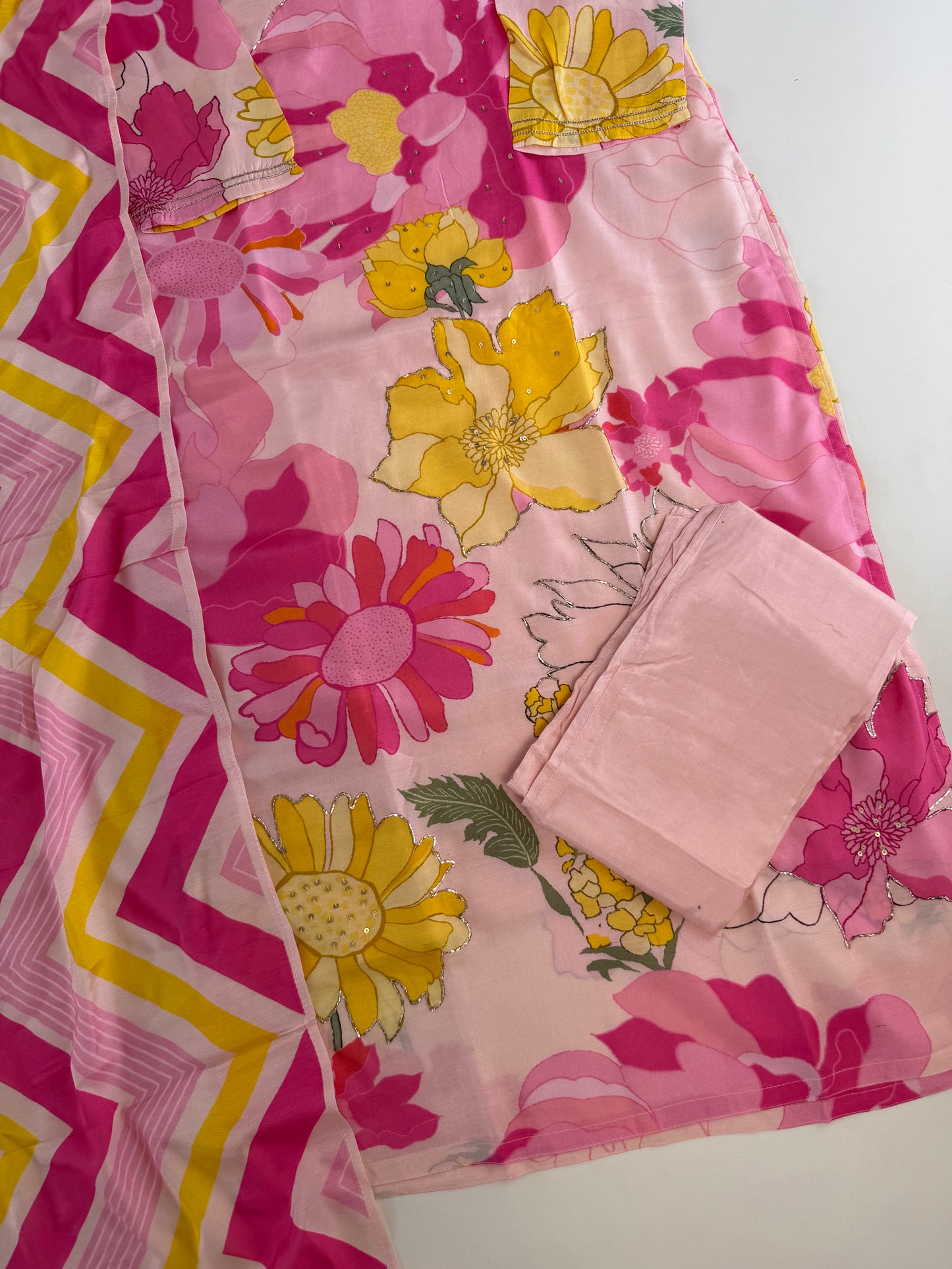 K505 - Muslin handwork floral straight Kurti with pants and dupatta in 2 colours