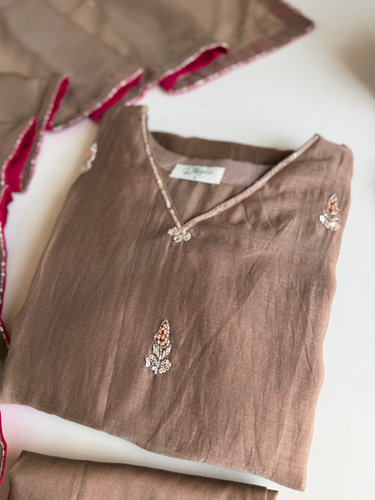 K616 - Pure Banarasi Mul chanderi handwork aline Kurti with pants and dupatta