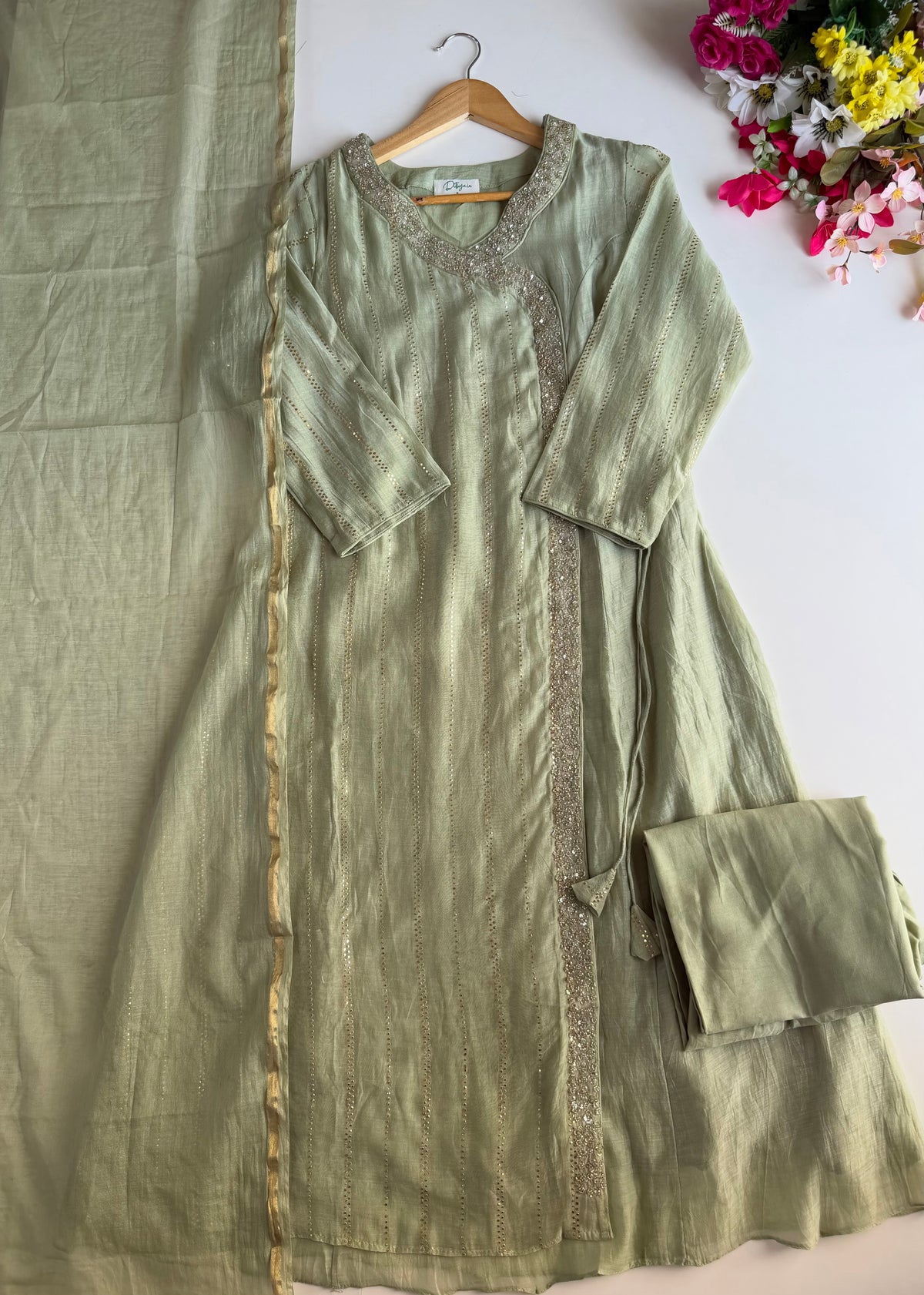 K039 - Pure Banarasi mul chanderi handwork angrakha Kurti with pants and dupatta