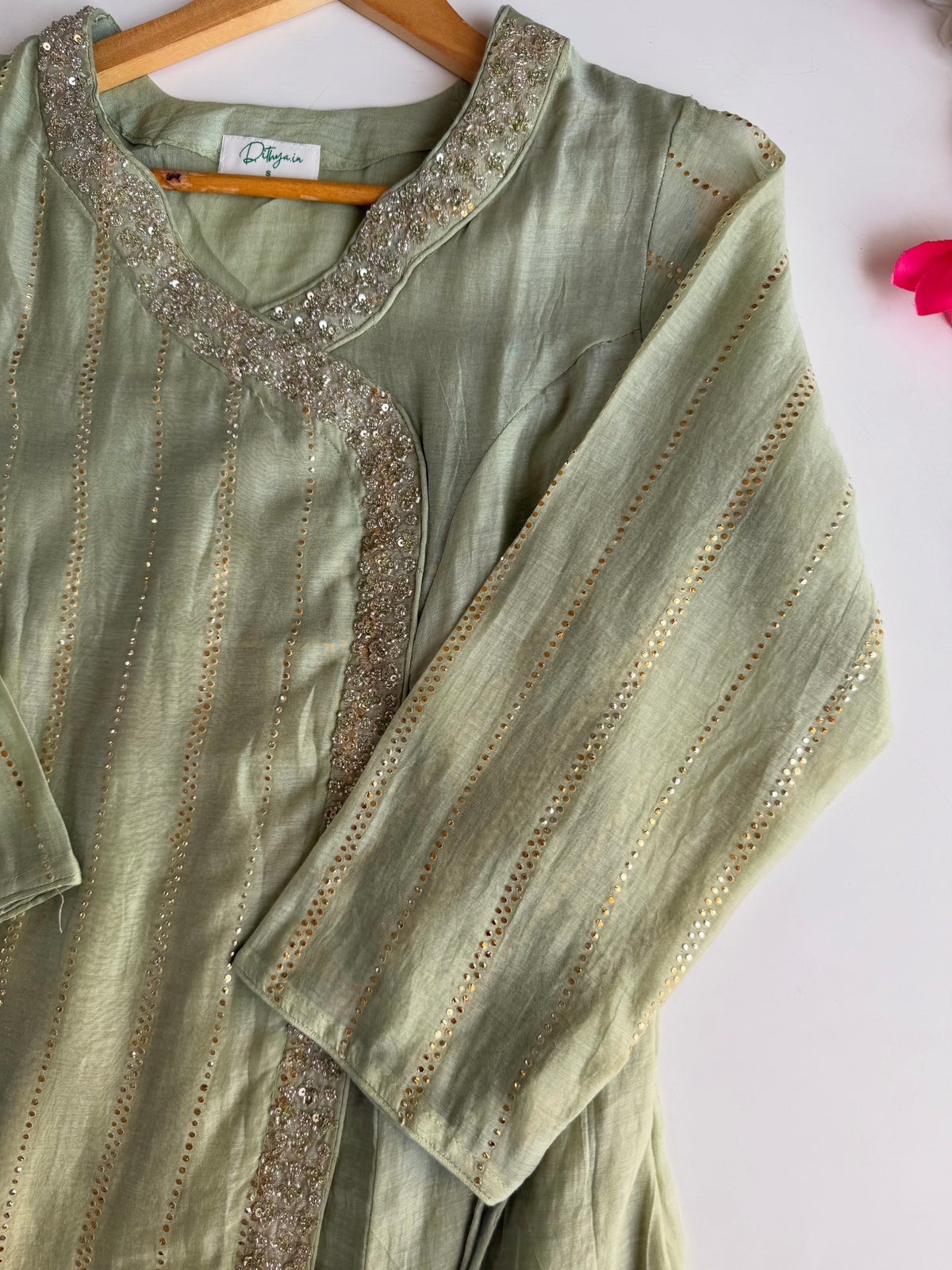 K039 - Pure Banarasi mul chanderi handwork angrakha Kurti with pants and dupatta