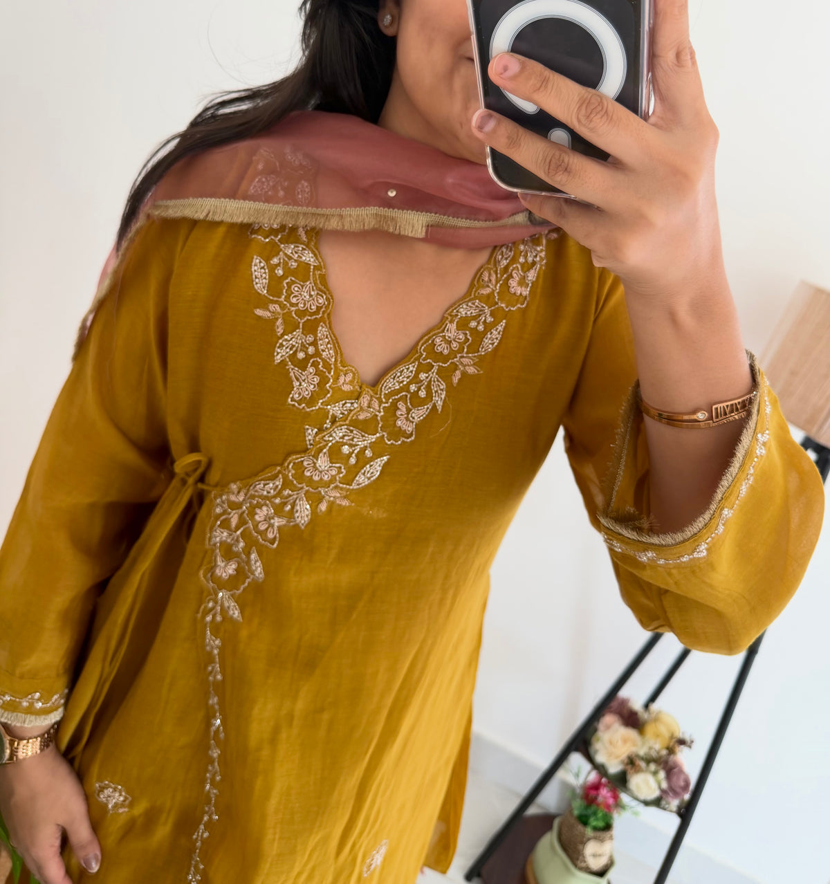 K444 - Pure Banarasi Mul chanderi Angrakha short Kurti with divider pants and dupatta