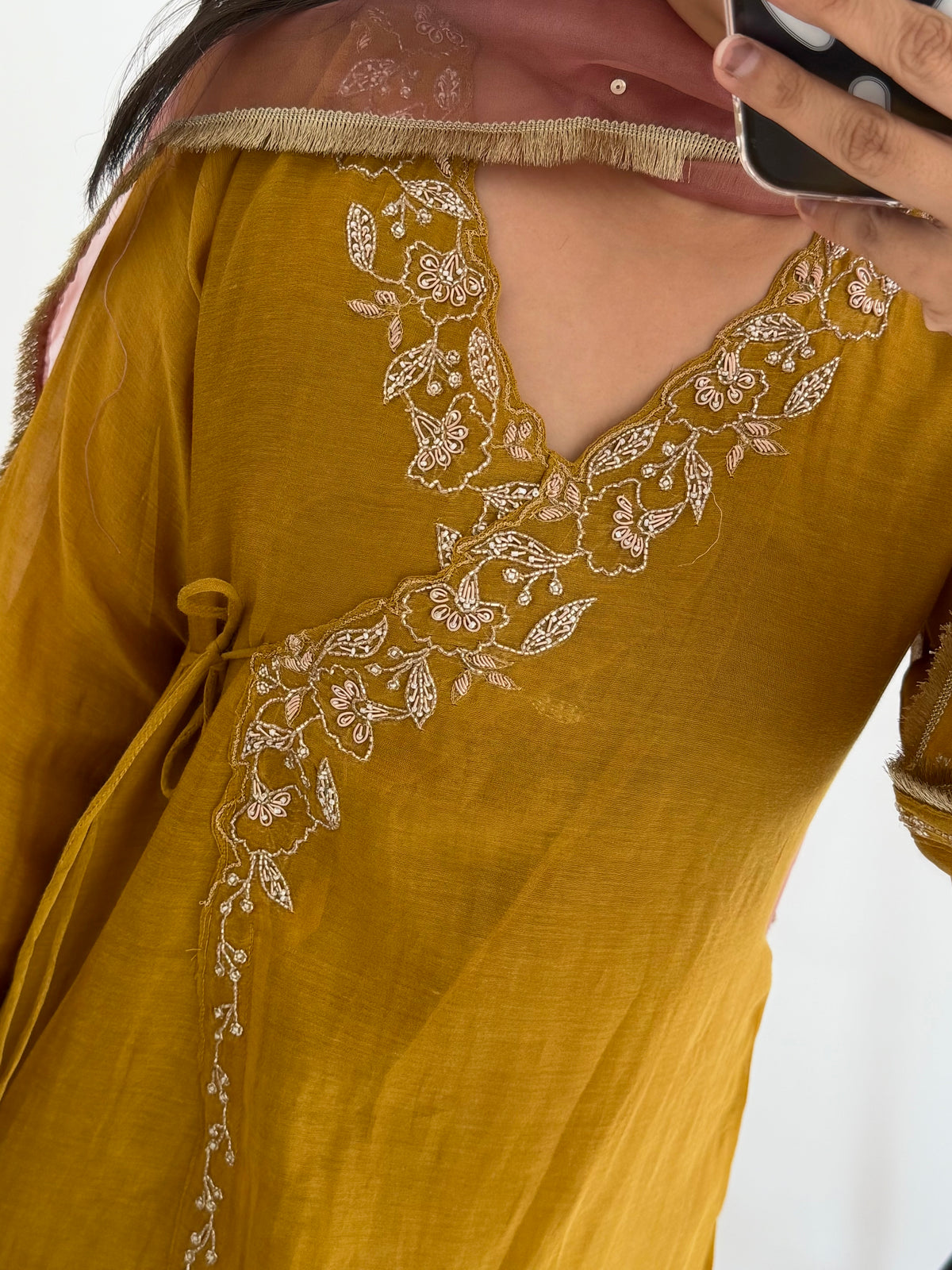 K444 - Pure Banarasi Mul chanderi Angrakha short Kurti with divider pants and dupatta