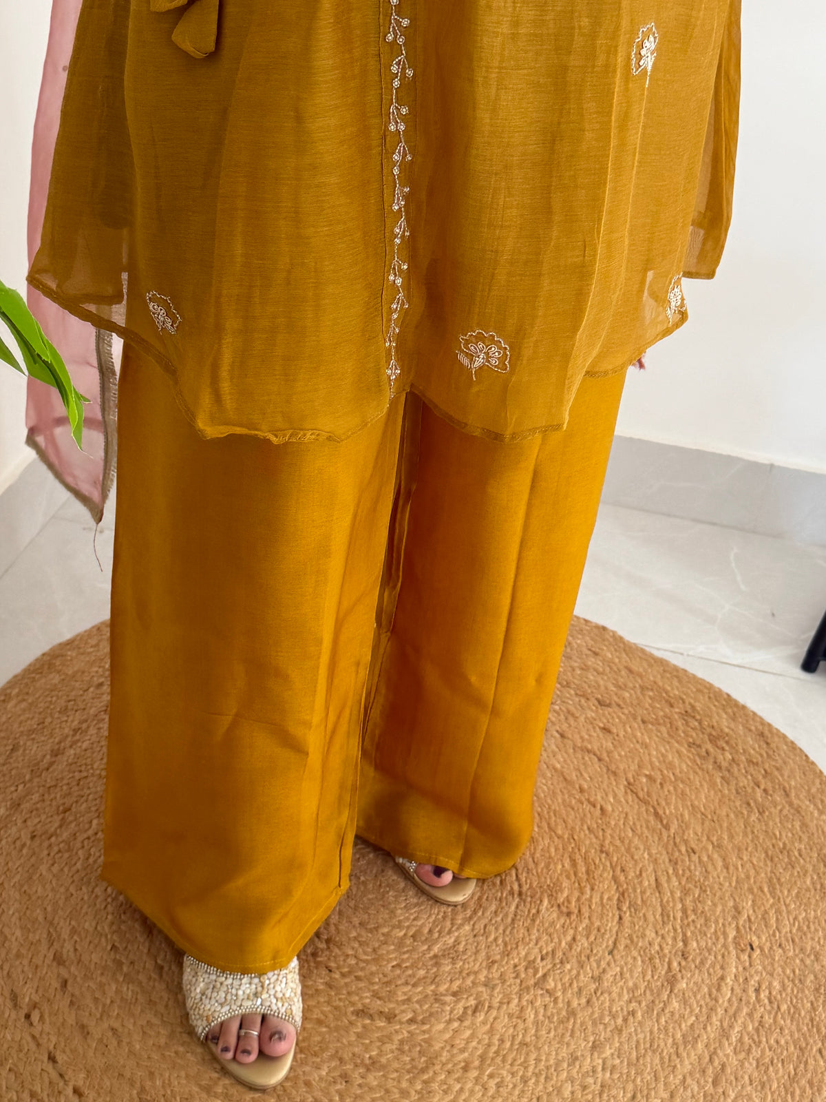K444 - Pure Banarasi Mul chanderi Angrakha short Kurti with divider pants and dupatta