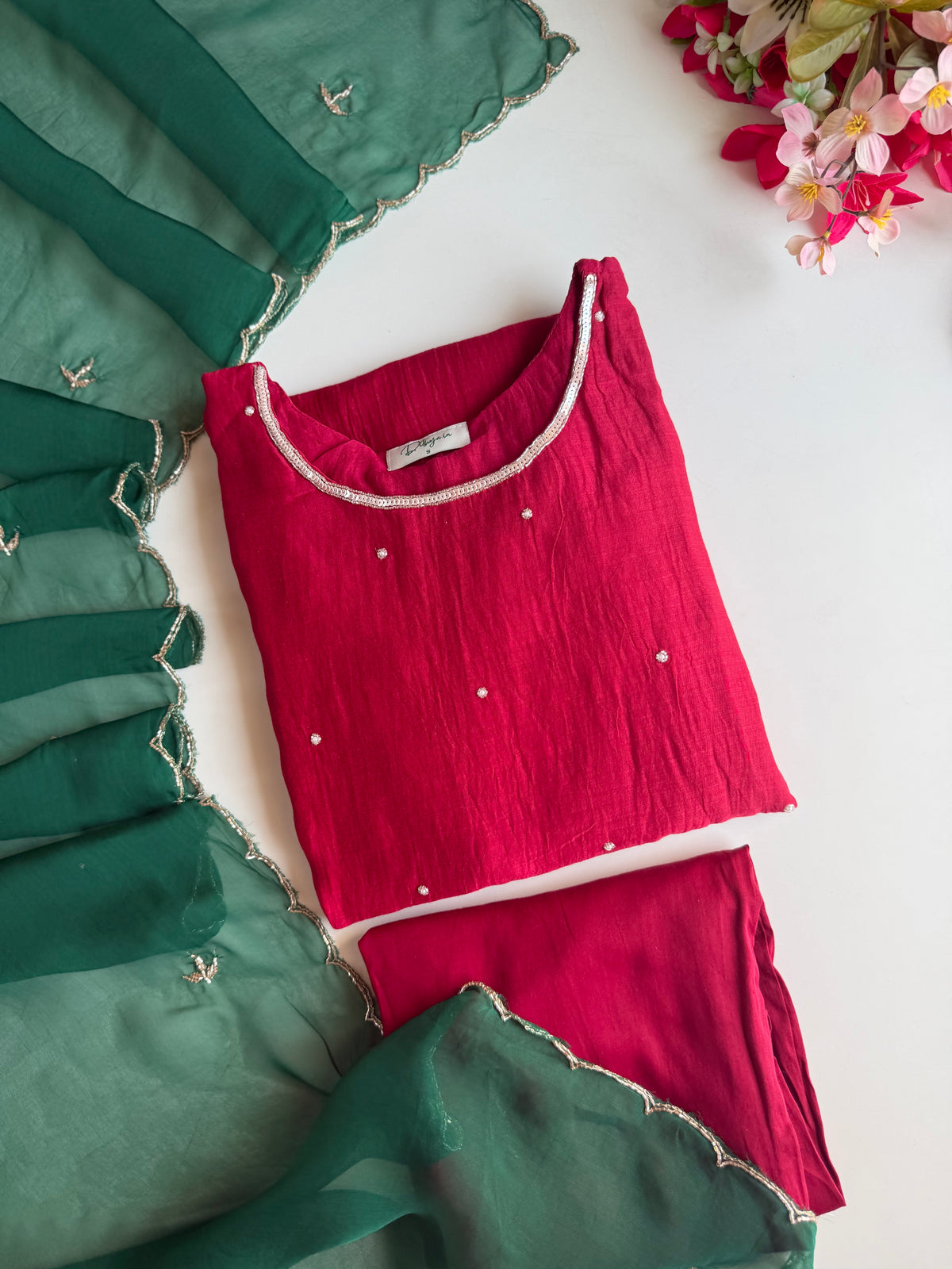 K623 - Pure Banarasi Mul chanderi handwork aline Kurti with pants and dupatta