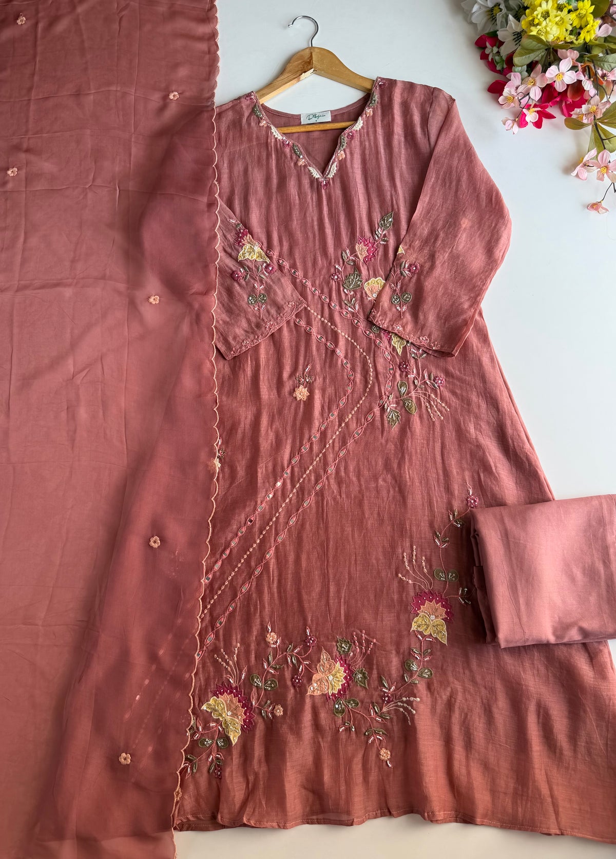 K640 - Pure Banarasi mul chanderi floral handwork aline Kurti with pants and dupatta