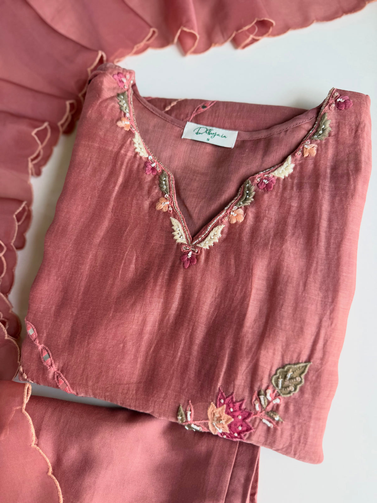 K640 - Pure Banarasi mul chanderi floral handwork aline Kurti with pants and dupatta