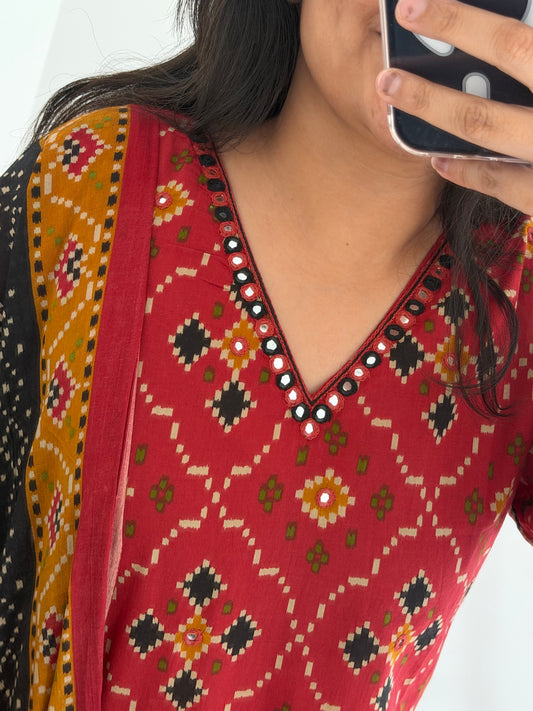 K081 - Mul cotton ikkat mirror work straight Kurti with pants and dupatta