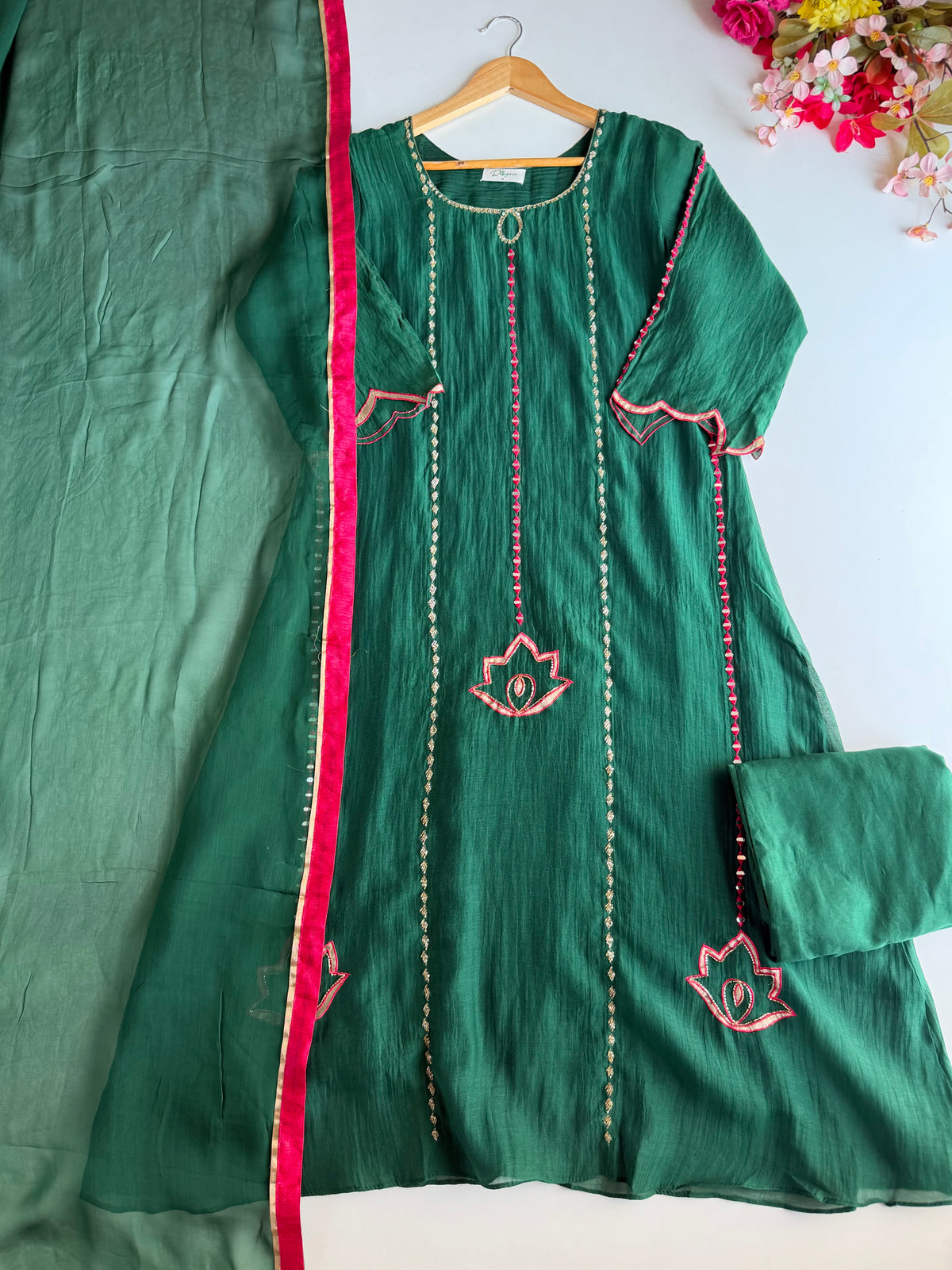 Pure Mul chanderi handwork Aline Kurti with pants and dupatta - view 3