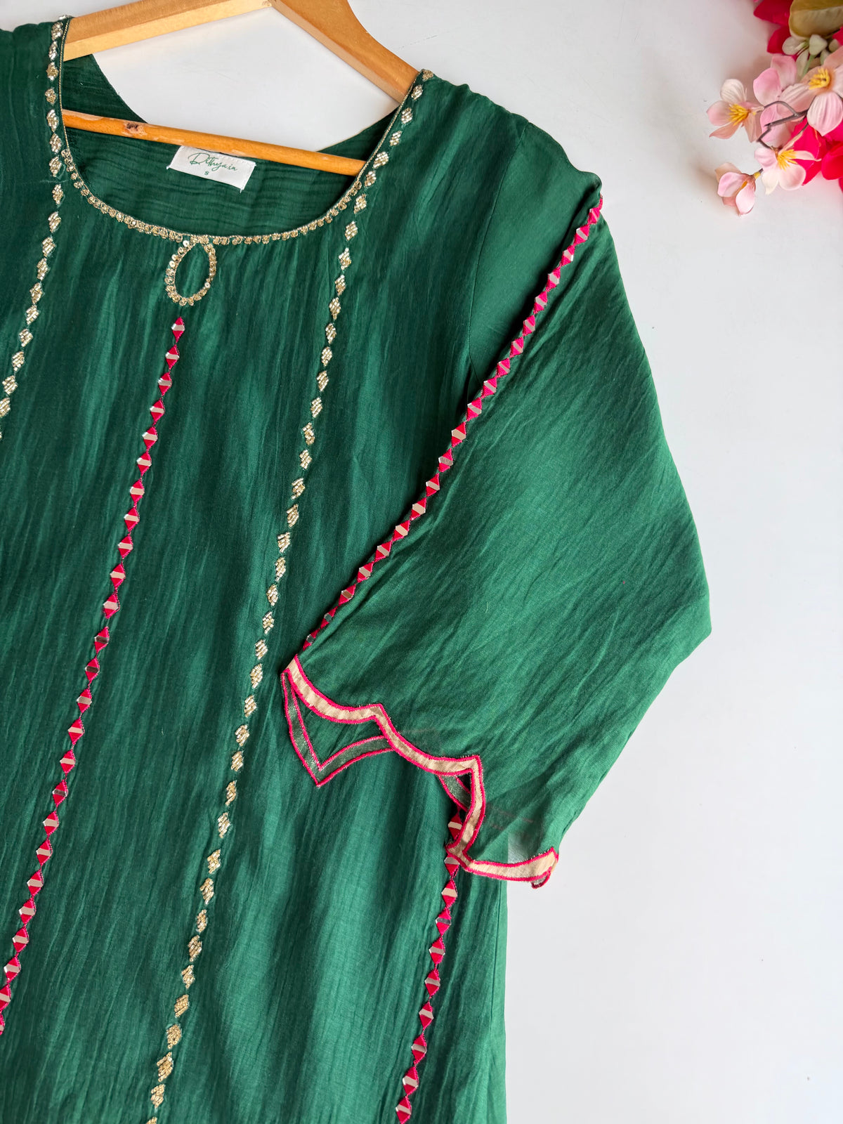 Pure Mul chanderi handwork Aline Kurti with pants and dupatta - view 6