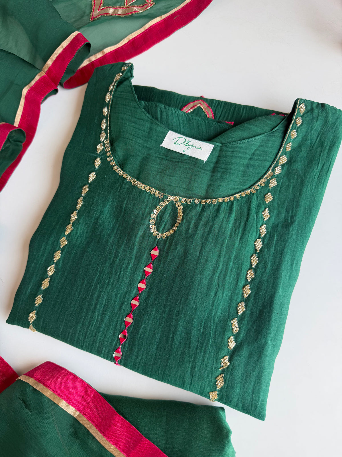 Pure Mul chanderi handwork Aline Kurti with pants and dupatta - view 2