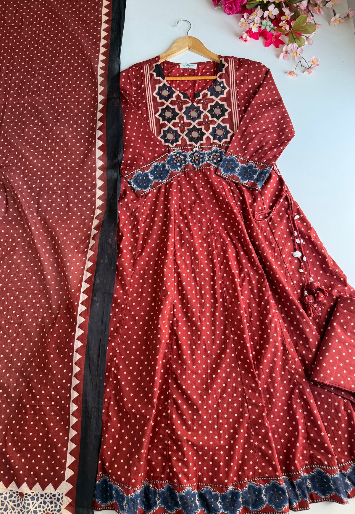 K601 - Mul cotton ajrakh mirror work Anarkali with pants and dupatta - view 4