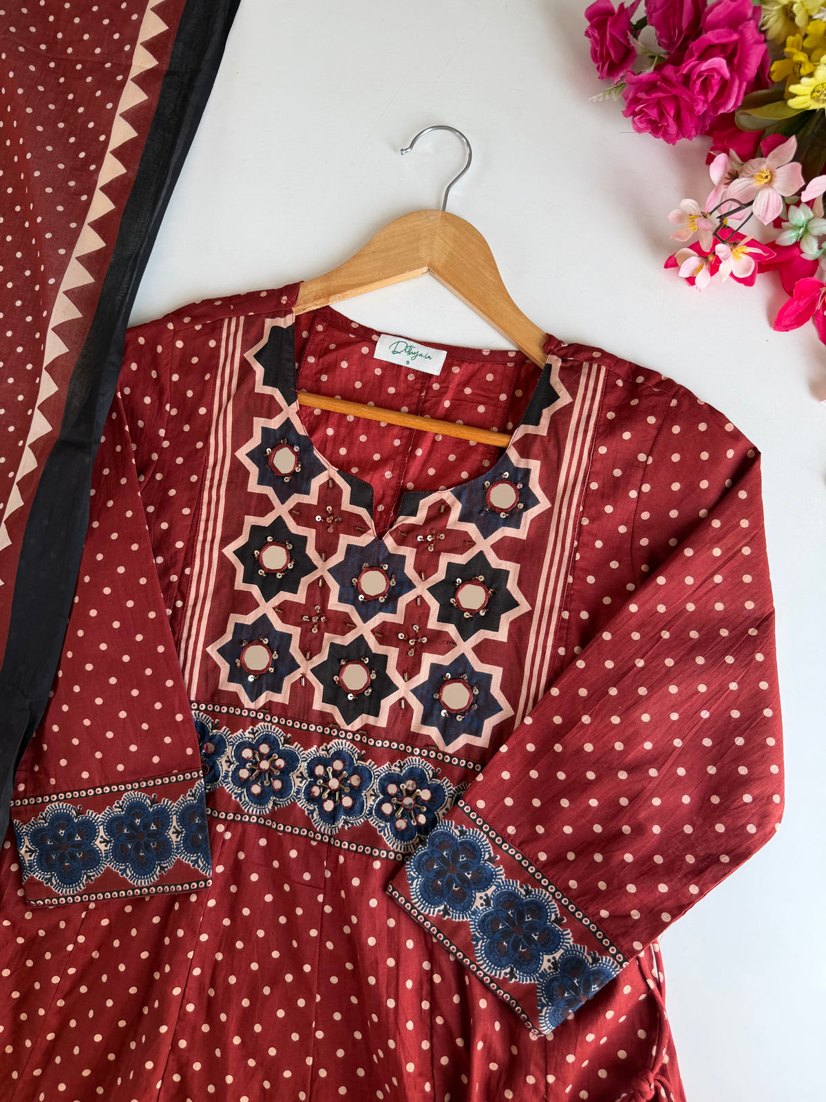 K601 - Mul cotton ajrakh mirror work Anarkali with pants and dupatta - view 2