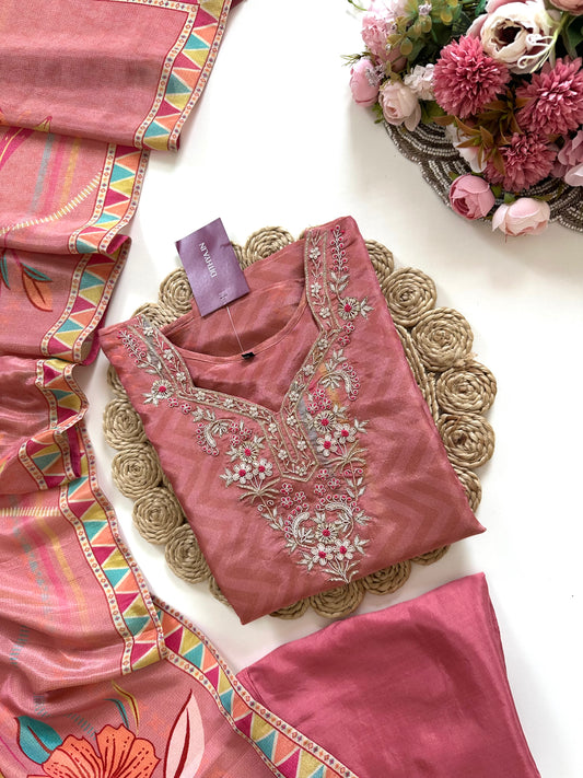 K125 - Handwork Tissue silk printed straight Kurti with pants and dupatta