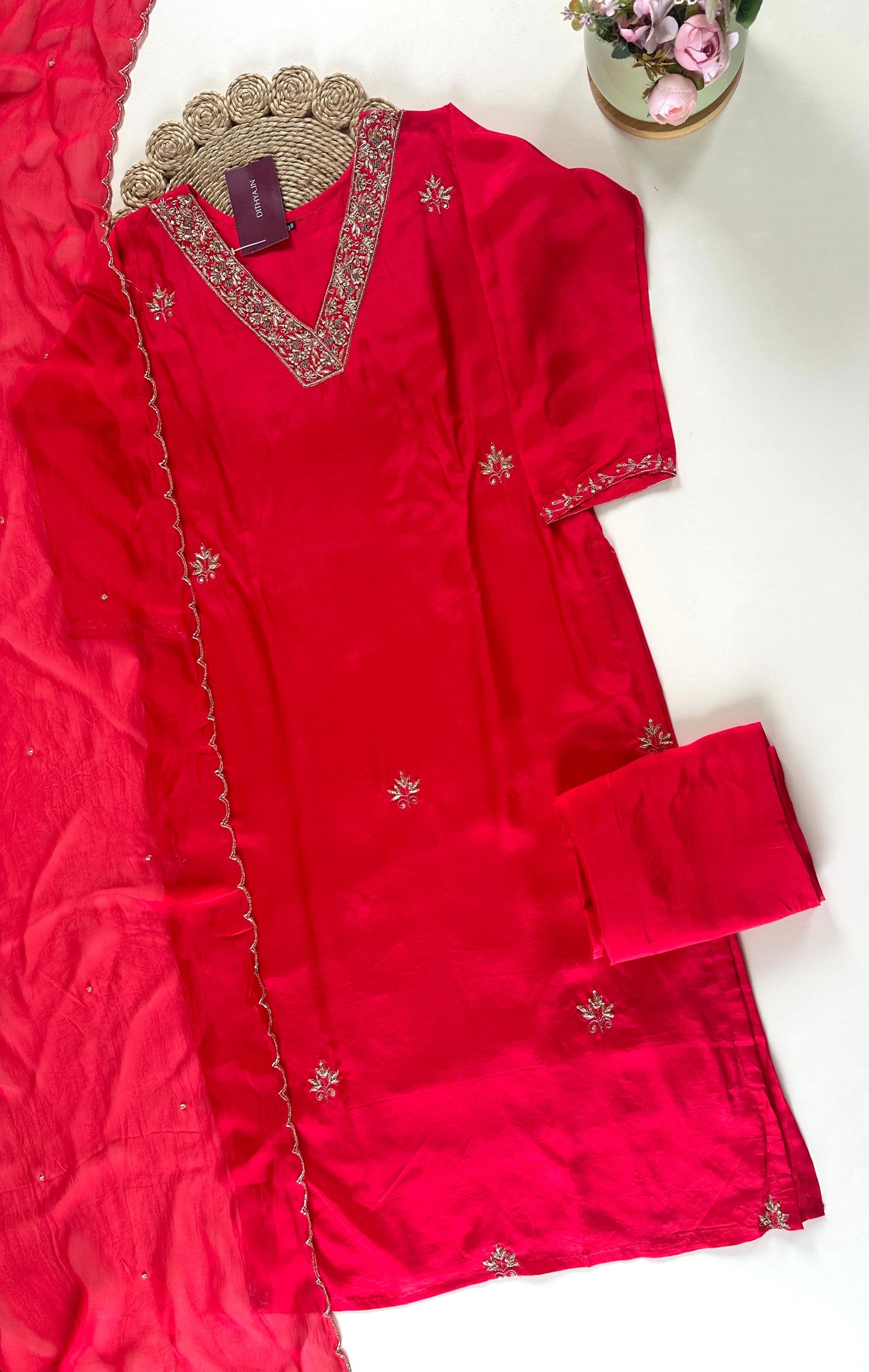 K141 - Dola silk handwork straight kurti with pants and organza dupatta .