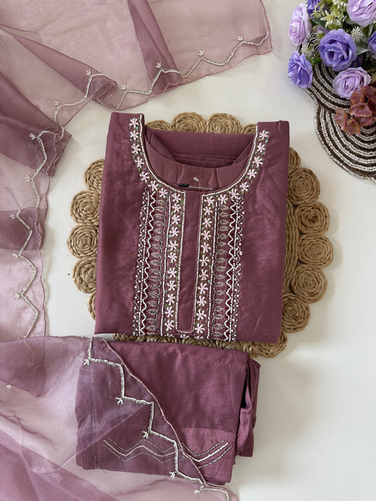D128 - Roman silk handwork straight Kurti with pants and dupatta