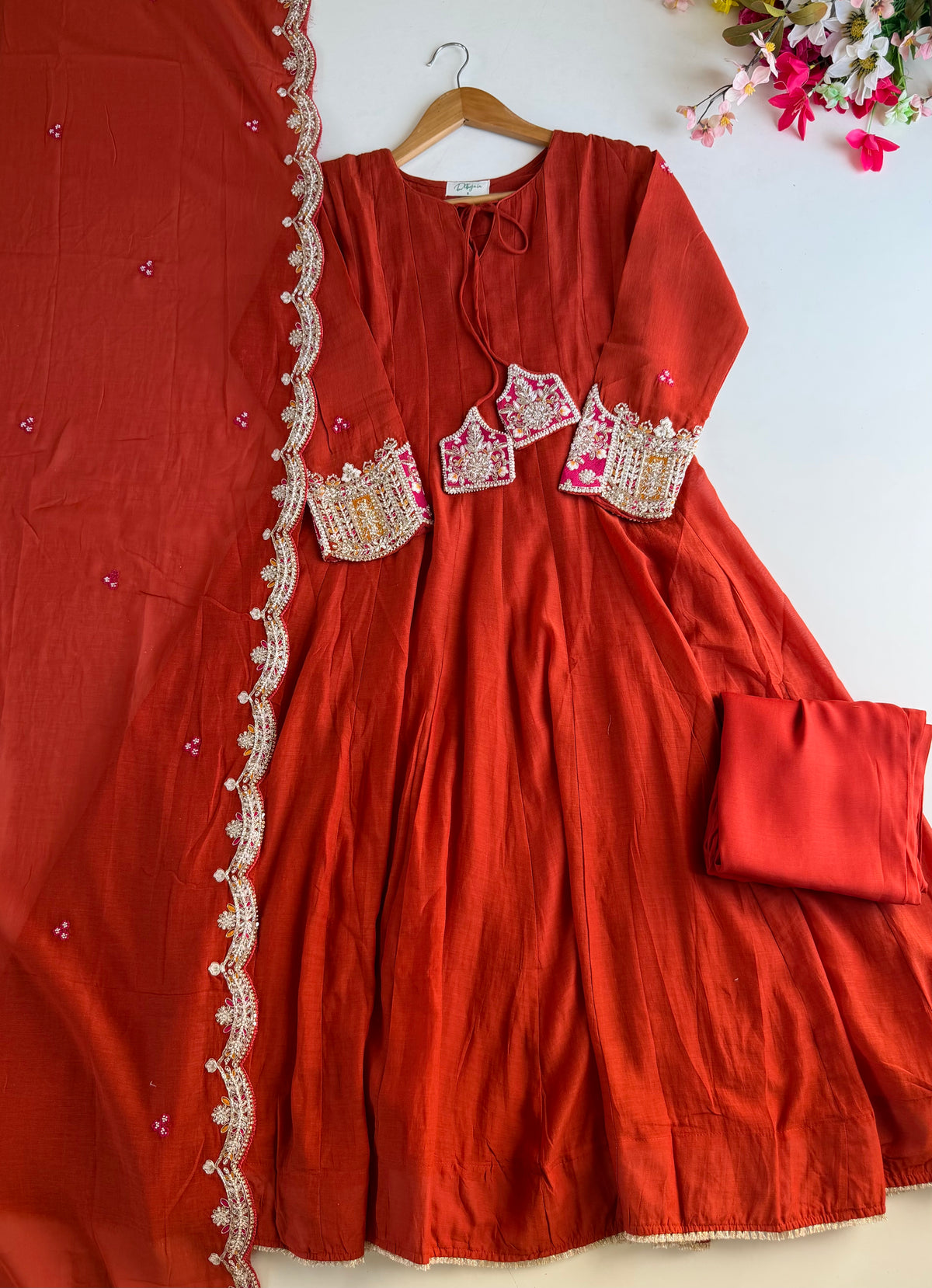 K715 - Surat Mul chanderi handwork Anarkali with pants and dupatta