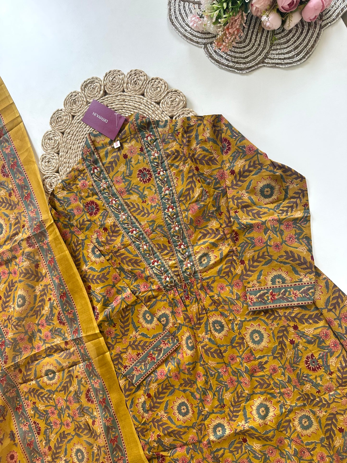 K349 - Printed cotton Anarkali with pants and dupatta.