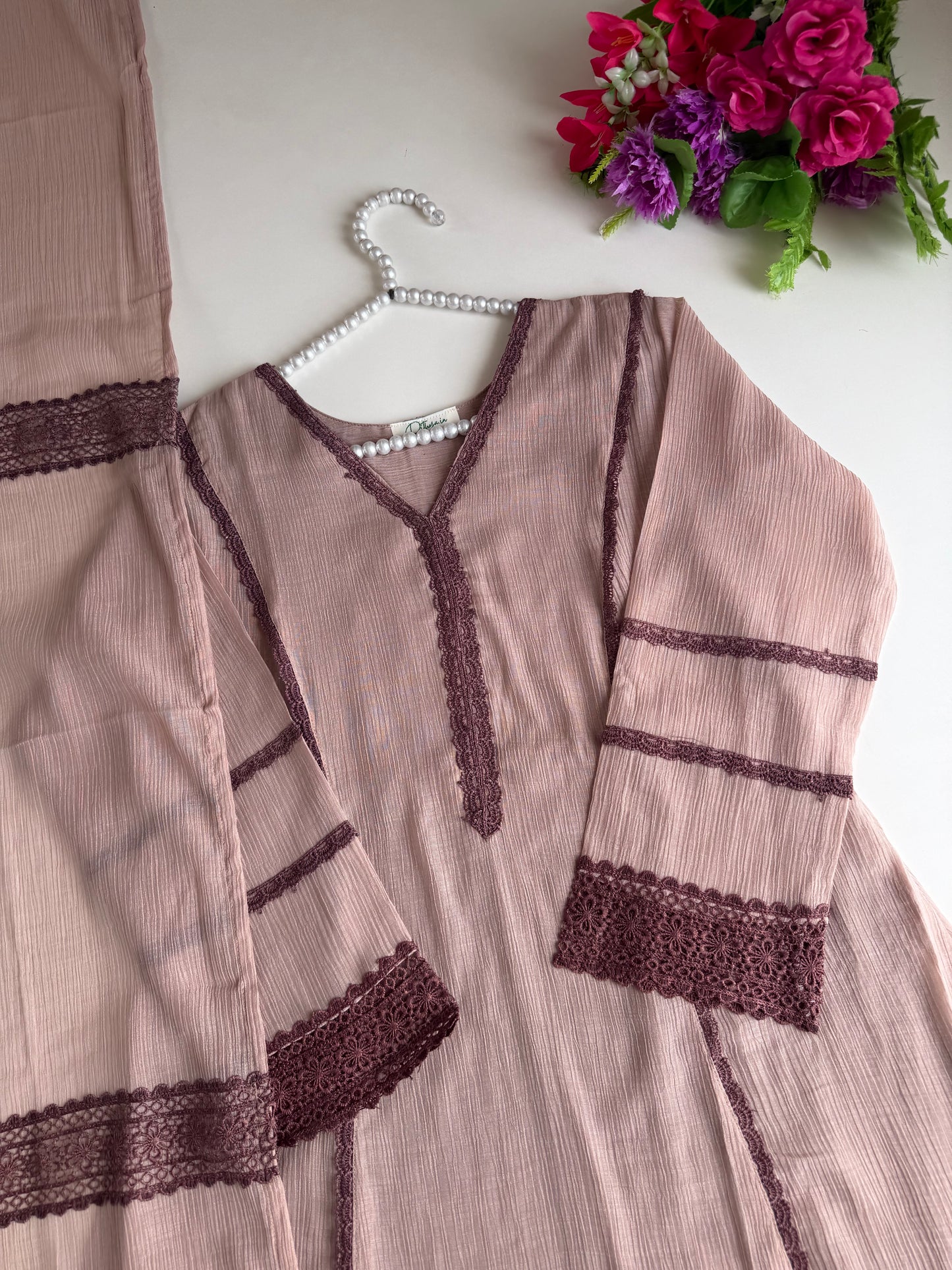 K515 - Crushed Mul cotton embroidered Aline Kurti with pants and dupatta in 2 colours